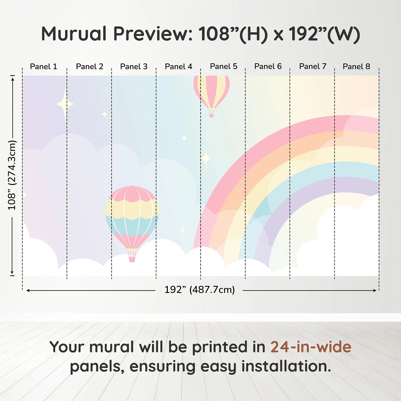 Whimsy Tots Pastel Rainbow Sky Wall Muraldimension view (108" H x 192" W). Printed in eight 24-inch-wide panels. Gender-Neutral