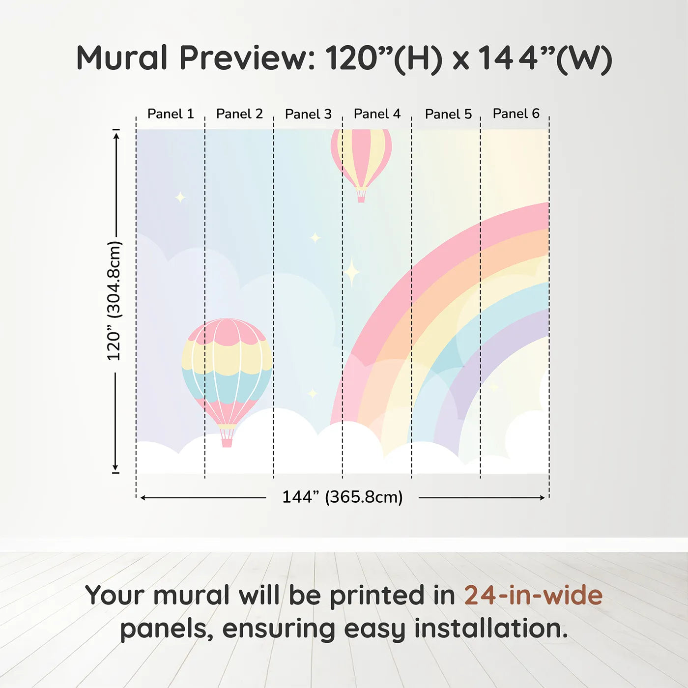 Whimsy Tots Pastel Rainbow Sky Wall Muraldimension view (120" H x 144" W). Printed in six 24-inch-wide panels. Gender-Neutral