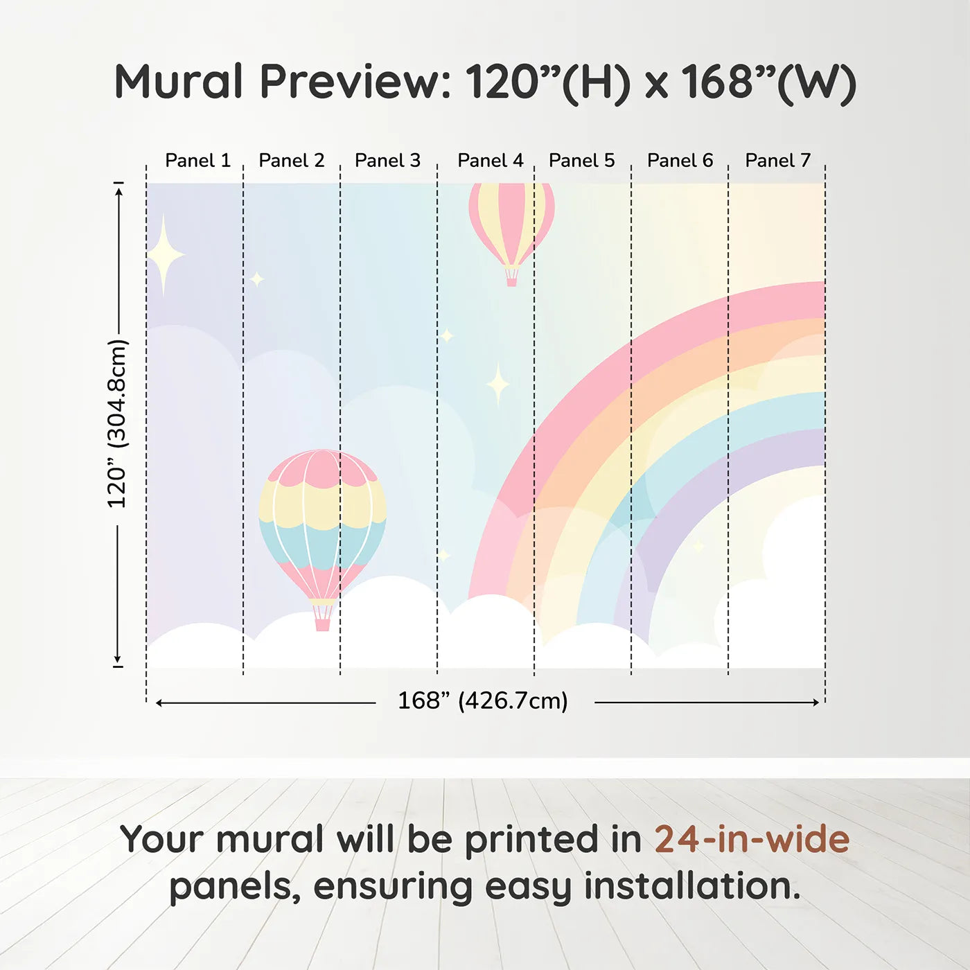 Whimsy Tots Pastel Rainbow Sky Wall Muraldimension view (120" H x 168" W). Printed in seven 24-inch-wide panels. Gender-Neutral