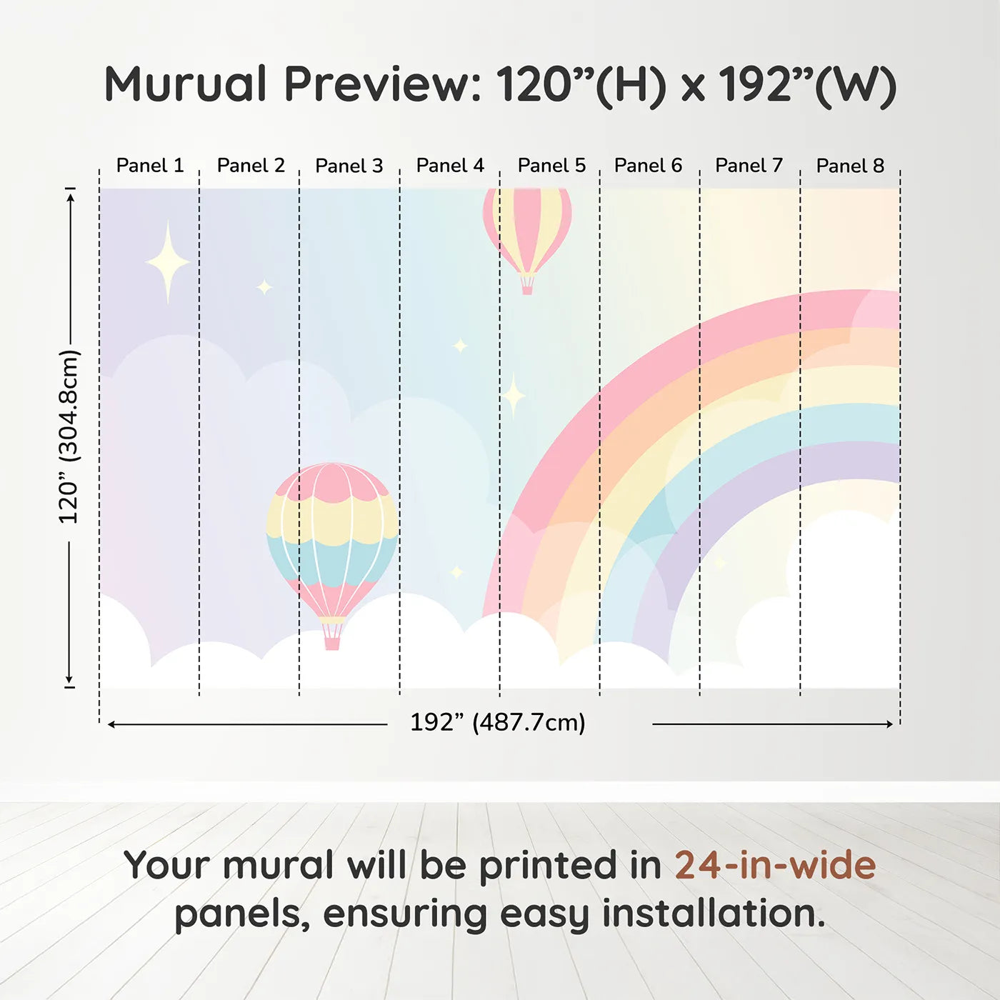 Whimsy Tots Pastel Rainbow Sky Wall Muraldimension view (120" H x 192" W). Printed in eight 24-inch-wide panels. Gender-Neutral
