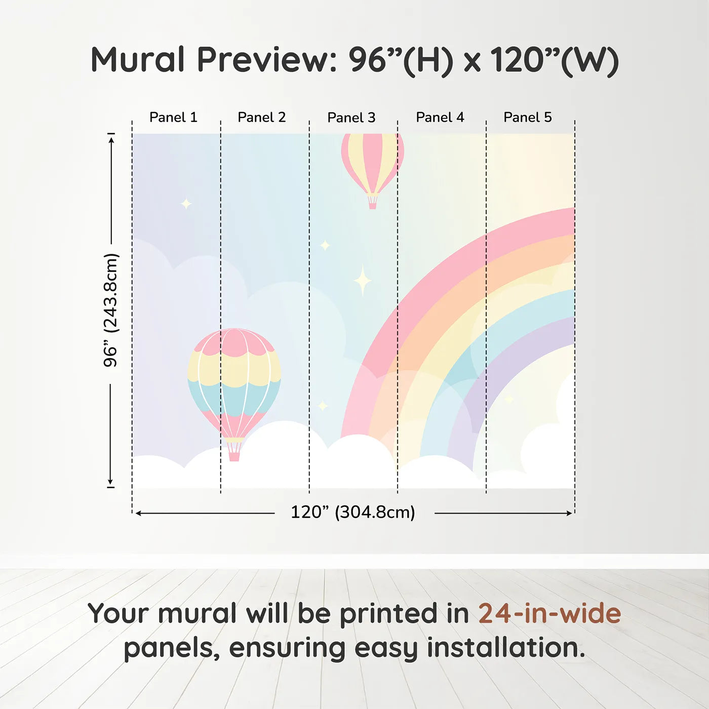 Whimsy Tots Pastel Rainbow Sky Wall Muraldimension view (96" H x 120" W). Printed in five 24-inch-wide panels. Gender-Neutral