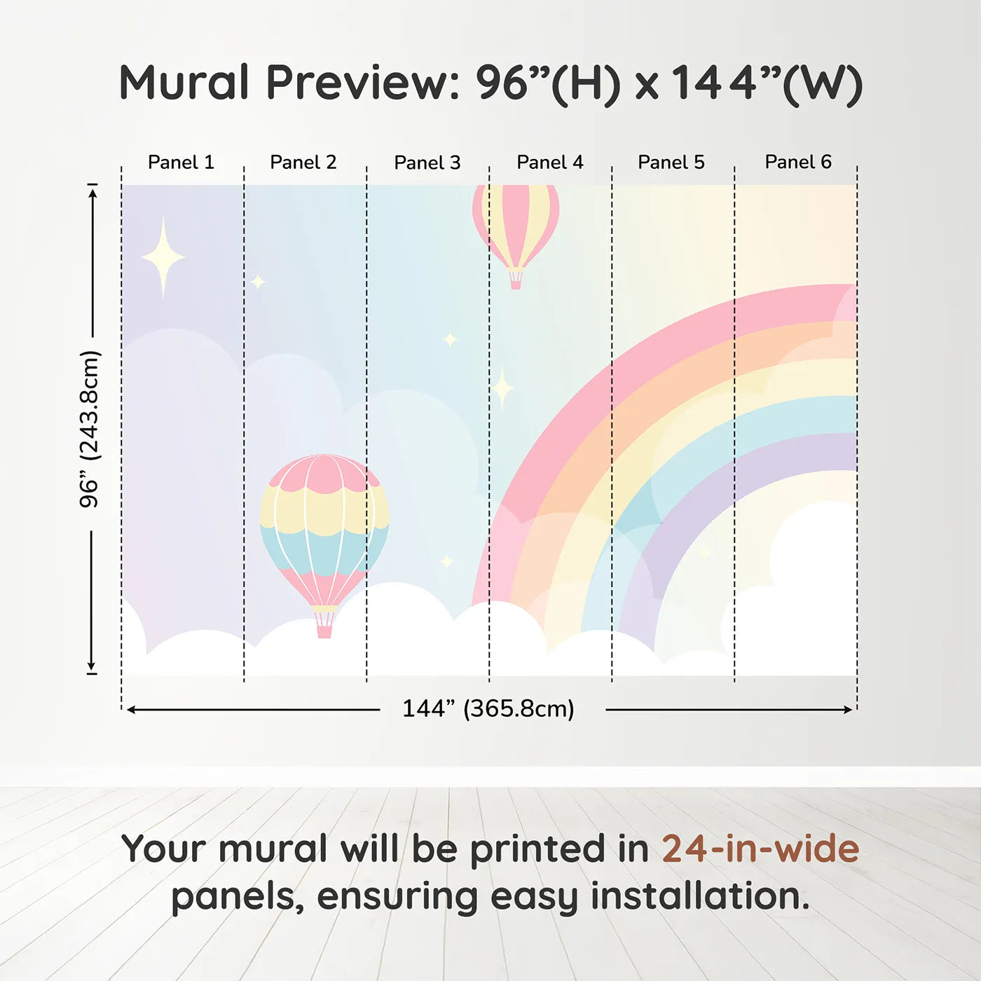 Whimsy Tots Pastel Rainbow Sky Wall Muraldimension view (96" H x 144" W). Printed in six 24-inch-wide panels. Gender-Neutral