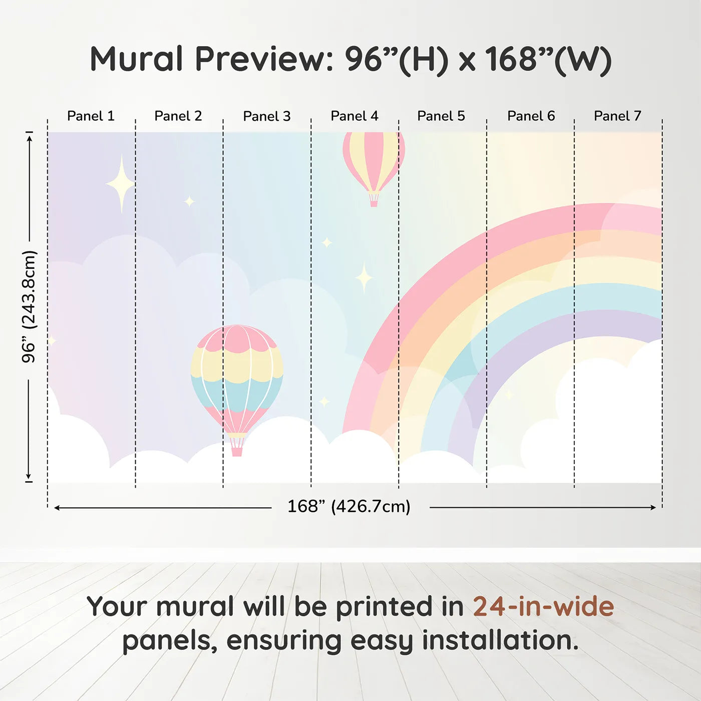 Whimsy Tots Pastel Rainbow Sky Wall Muraldimension view (96" H x 168" W). Printed in seven 24-inch-wide panels. Gender-Neutral