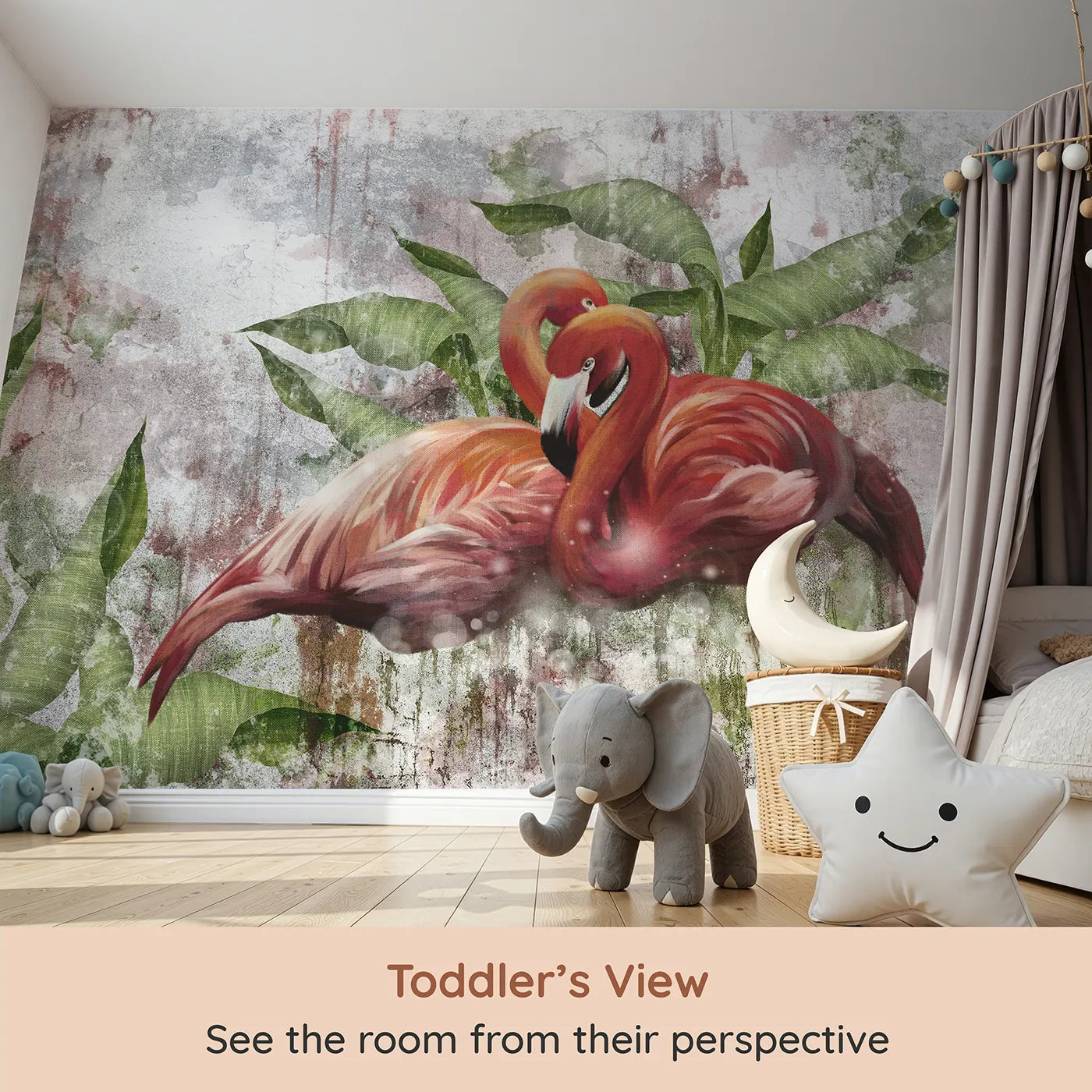 Whimsy Tots Flamingo Love Wall Mural (Turn Their Room into a Romantic Tropical Escape) from your child's view.Gender-Neutral