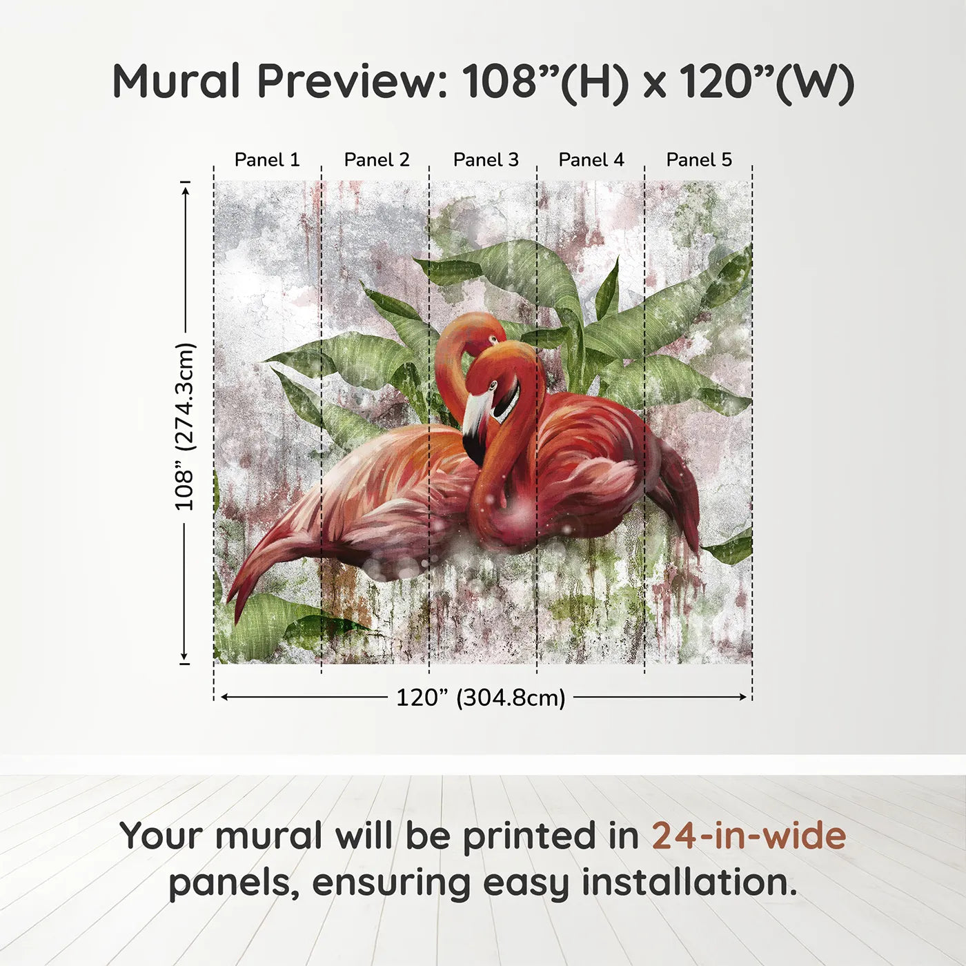 Whimsy Tots Flamingo Love Wall Muraldimension view (108" H x 120" W). Printed in five 24-inch-wide panels. Gender-Neutral