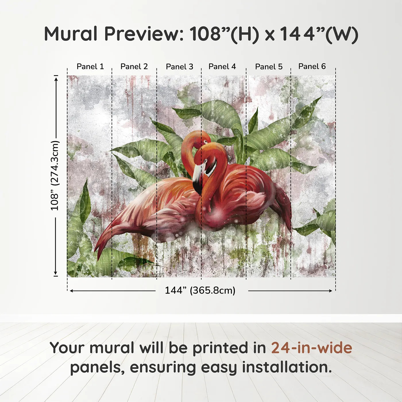 Whimsy Tots Flamingo Love Wall Muraldimension view (108" H x 144" W). Printed in six 24-inch-wide panels. Gender-Neutral