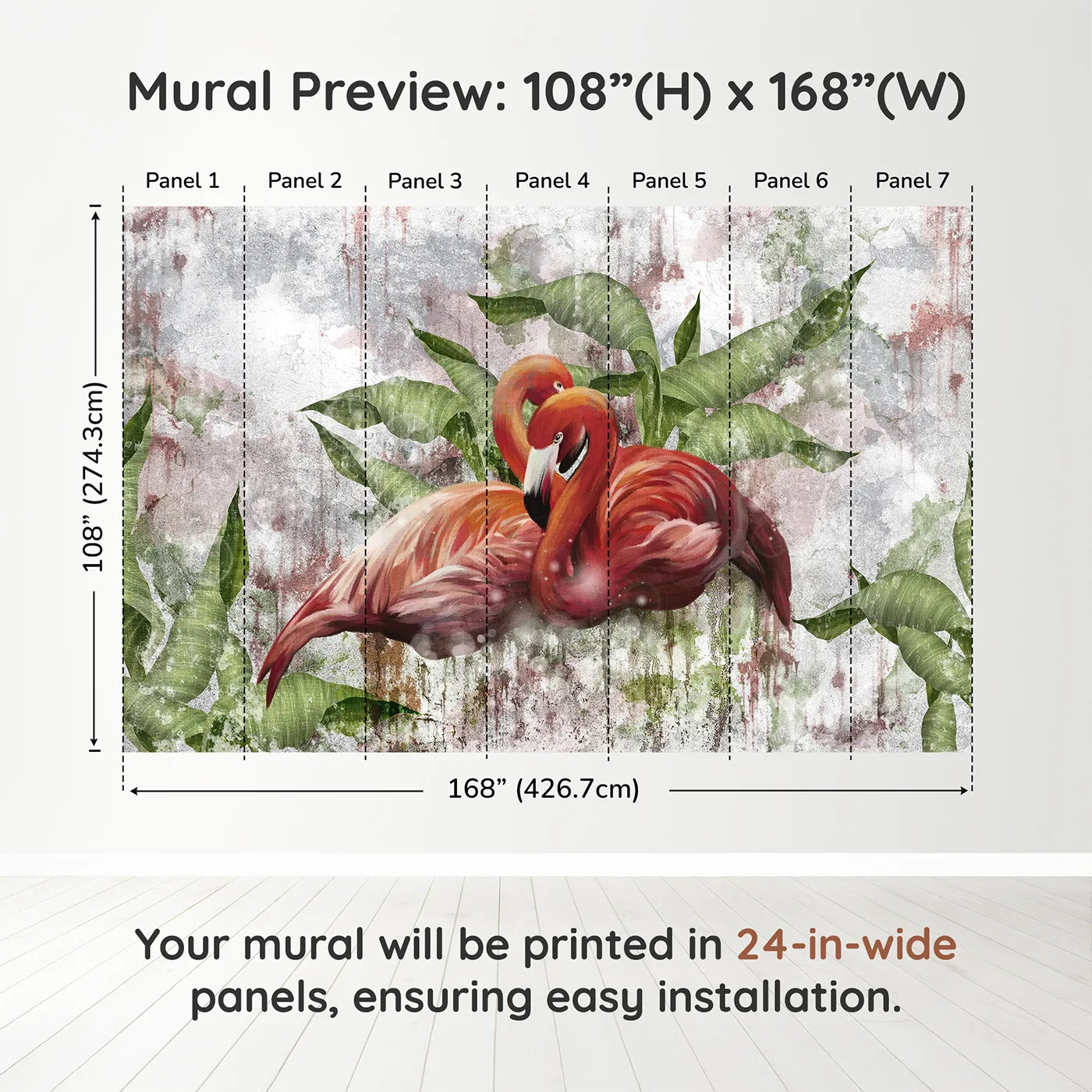 Whimsy Tots Flamingo Love Wall Muraldimension view (108" H x 168" W). Printed in seven 24-inch-wide panels. Gender-Neutral