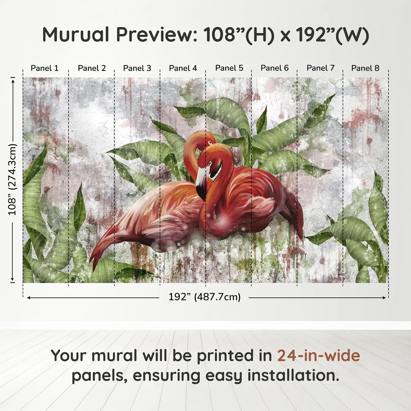 Whimsy Tots Flamingo Love Wall Muraldimension view (108" H x 192" W). Printed in eight 24-inch-wide panels. Gender-Neutral