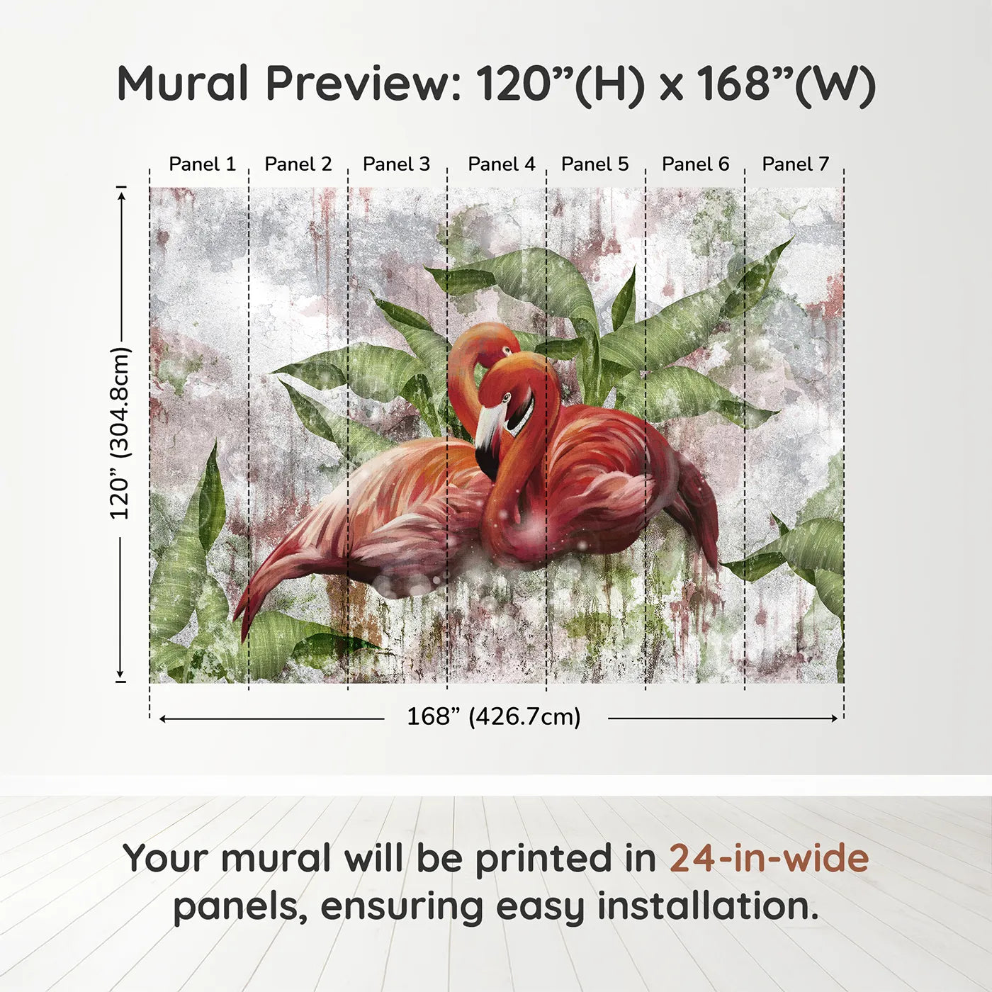 Whimsy Tots Flamingo Love Wall Muraldimension view (120" H x 168" W). Printed in seven 24-inch-wide panels. Gender-Neutral