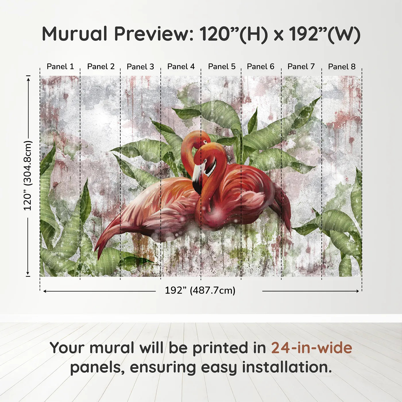 Whimsy Tots Flamingo Love Wall Muraldimension view (120" H x 192" W). Printed in eight 24-inch-wide panels. Gender-Neutral