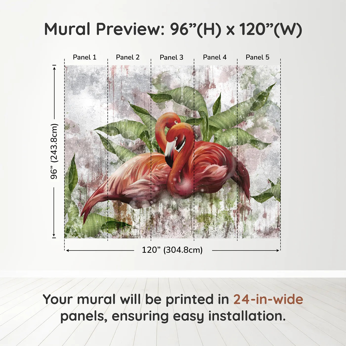 Whimsy Tots Flamingo Love Wall Muraldimension view (96" H x 120" W). Printed in five 24-inch-wide panels. Gender-Neutral