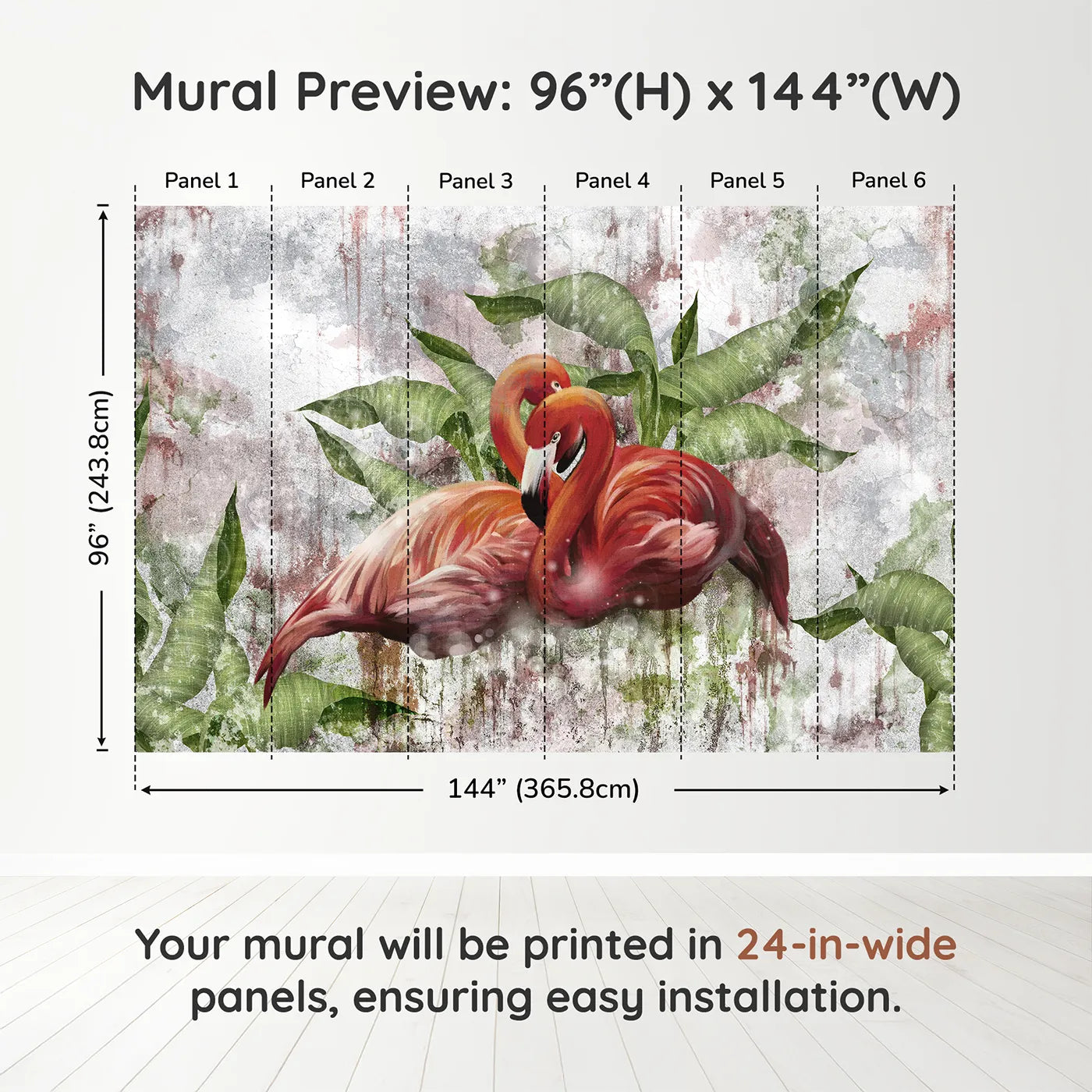 Whimsy Tots Flamingo Love Wall Muraldimension view (96" H x 144" W). Printed in six 24-inch-wide panels. Gender-Neutral