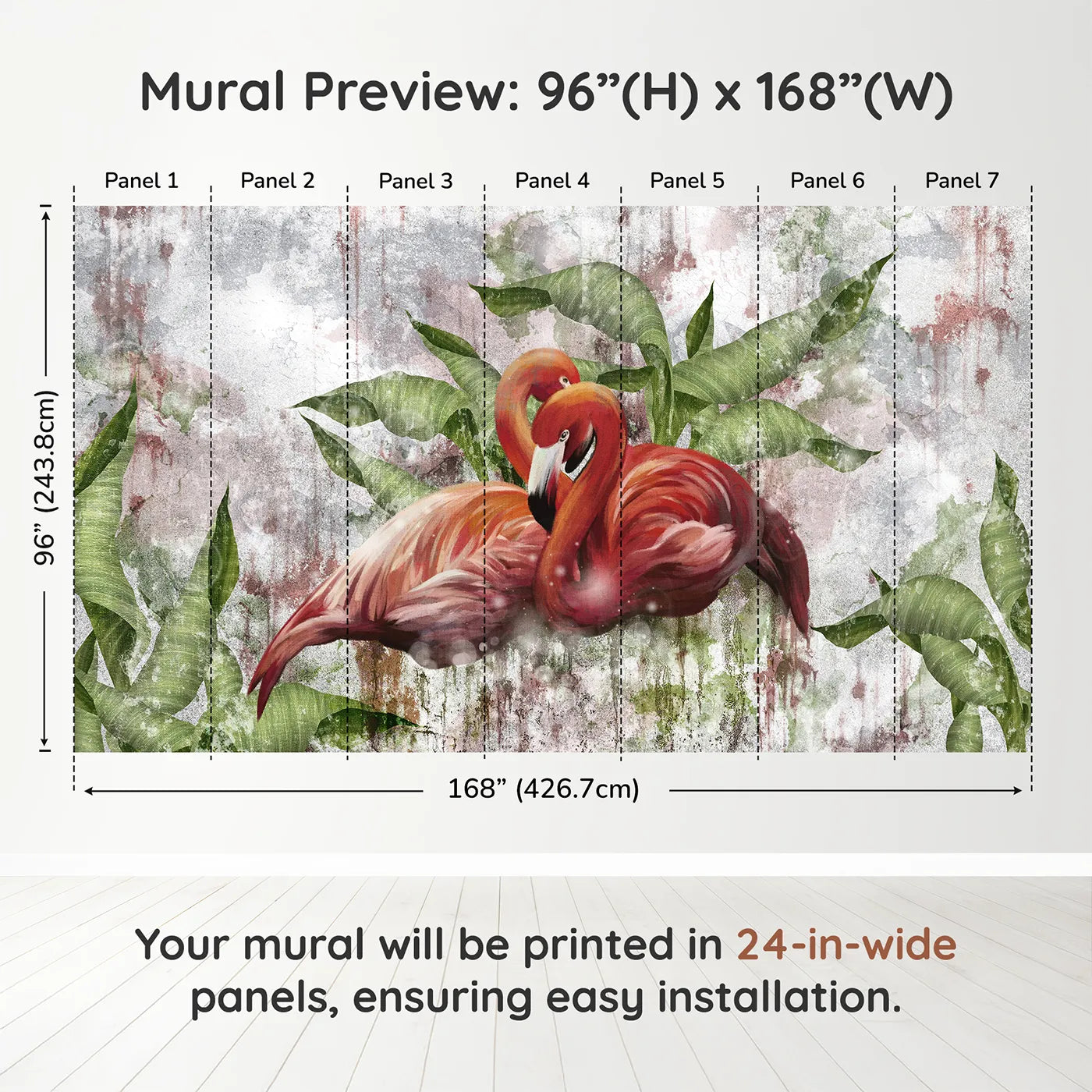 Whimsy Tots Flamingo Love Wall Muraldimension view (96" H x 168" W). Printed in seven 24-inch-wide panels. Gender-Neutral