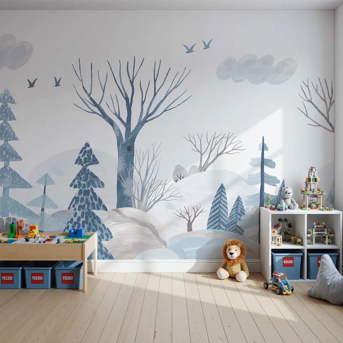 Front view of Whimsy Tots' Winter Woods Watercolor Wall Mural