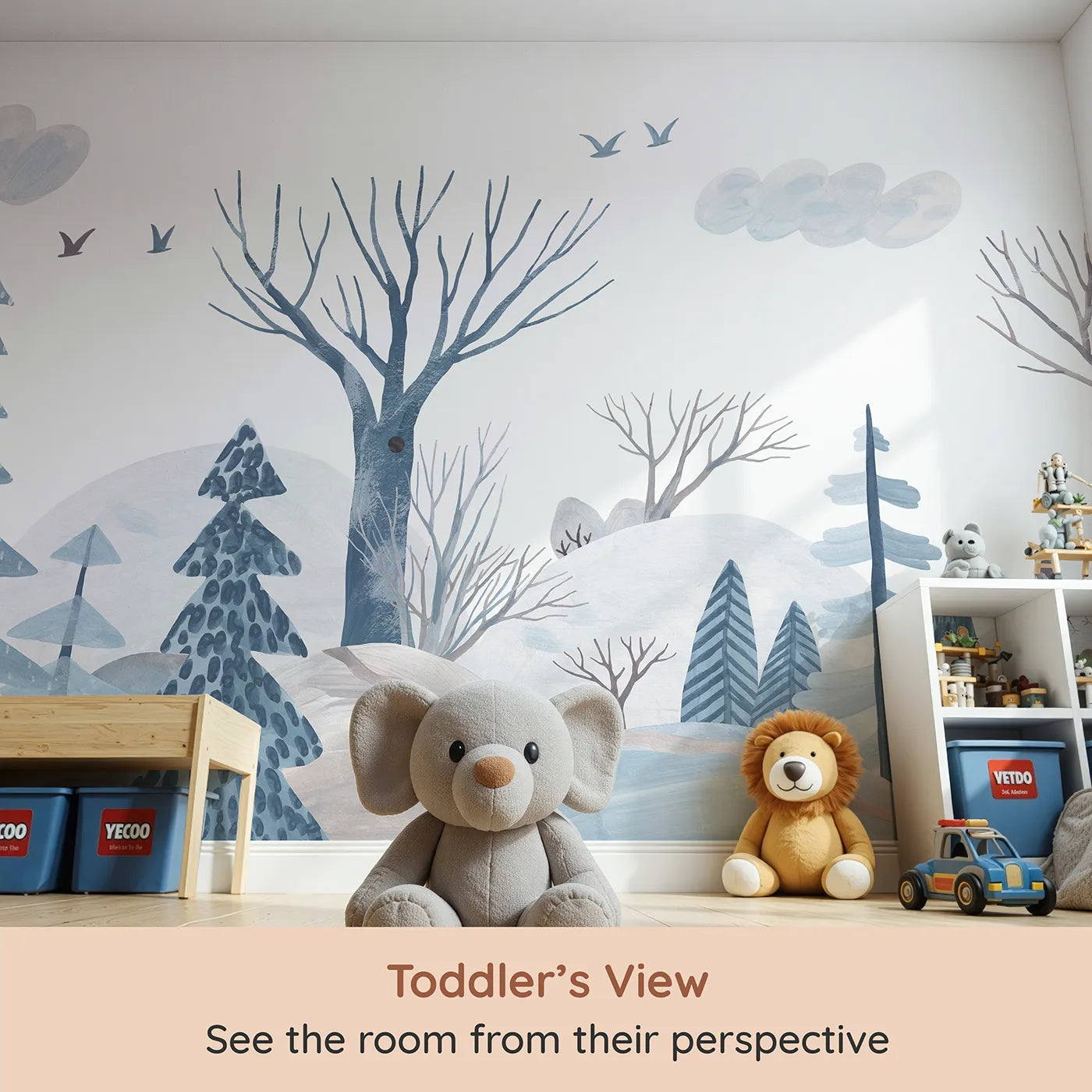 Whimsy Tots Winter Woods Watercolor Wall Mural (Turn Their Room into a Calm and Artsy Winter Forest) from your child's view.Gender-Neutral