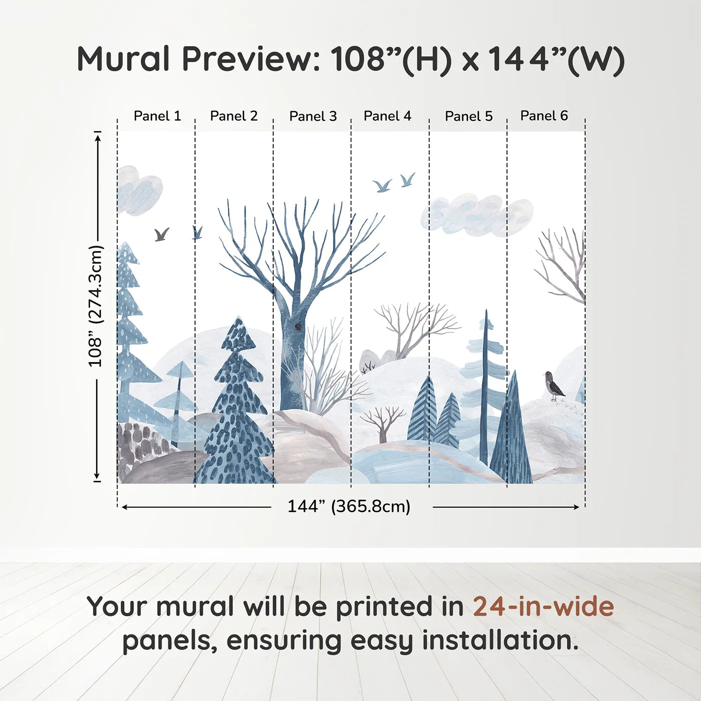 Whimsy Tots Winter Woods Watercolor Wall Muraldimension view (108" H x 144" W). Printed in six 24-inch-wide panels. Gender-Neutral
