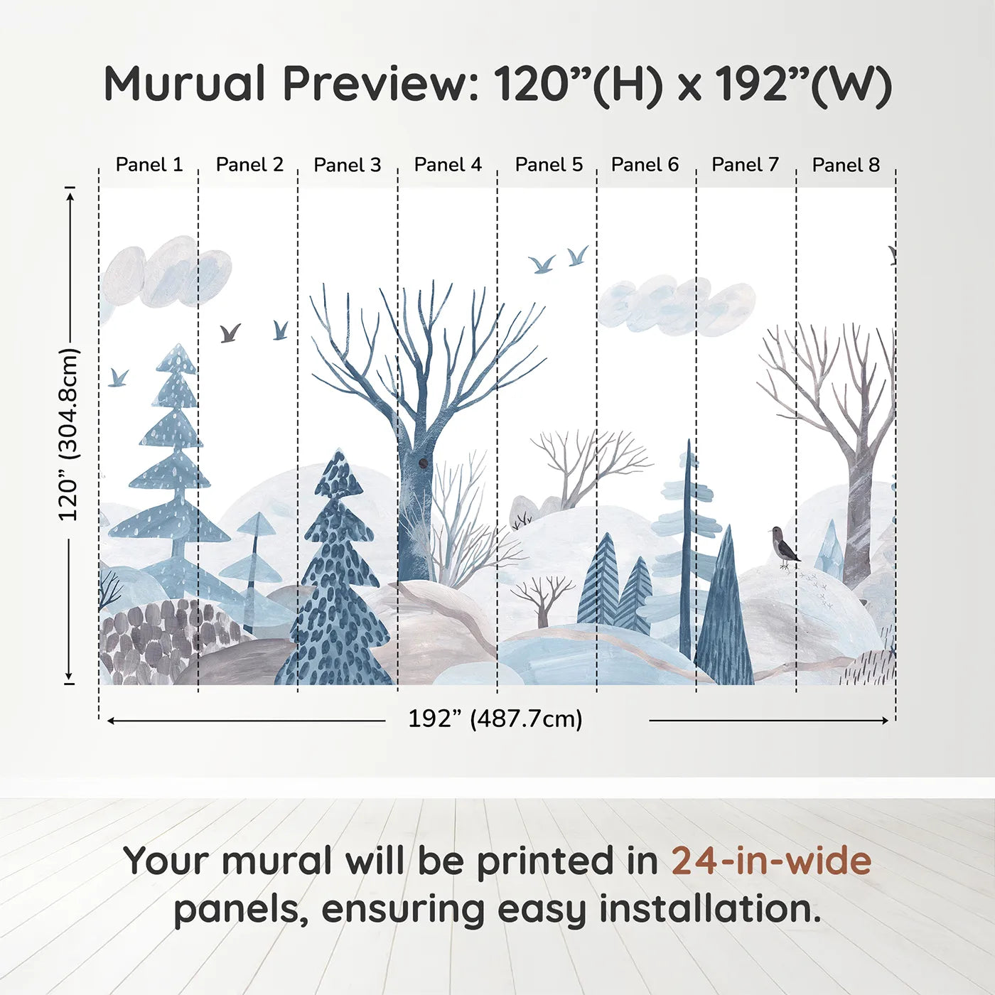 Whimsy Tots Winter Woods Watercolor Wall Muraldimension view (120" H x 192" W). Printed in eight 24-inch-wide panels. Gender-Neutral