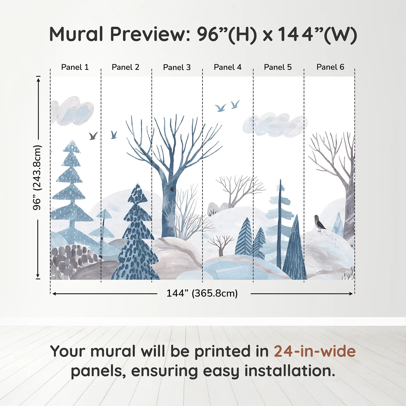 Whimsy Tots Winter Woods Watercolor Wall Muraldimension view (96" H x 144" W). Printed in six 24-inch-wide panels. Gender-Neutral
