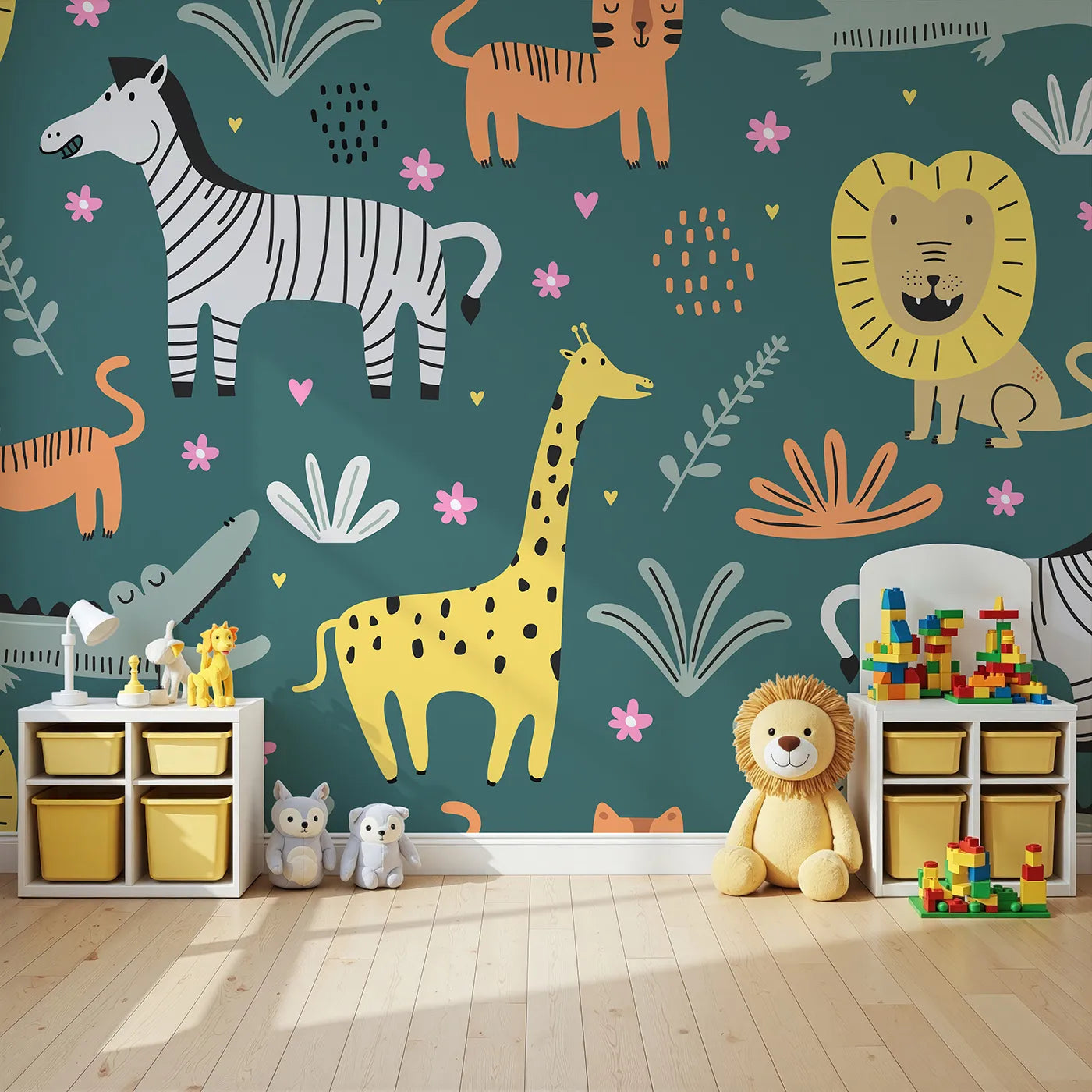 Angled view of Whimsy Tots' Scandinavian Safari Wall Mural (Turn Their Room into the Coolest, Cutest Safari).Gender-Neutral
