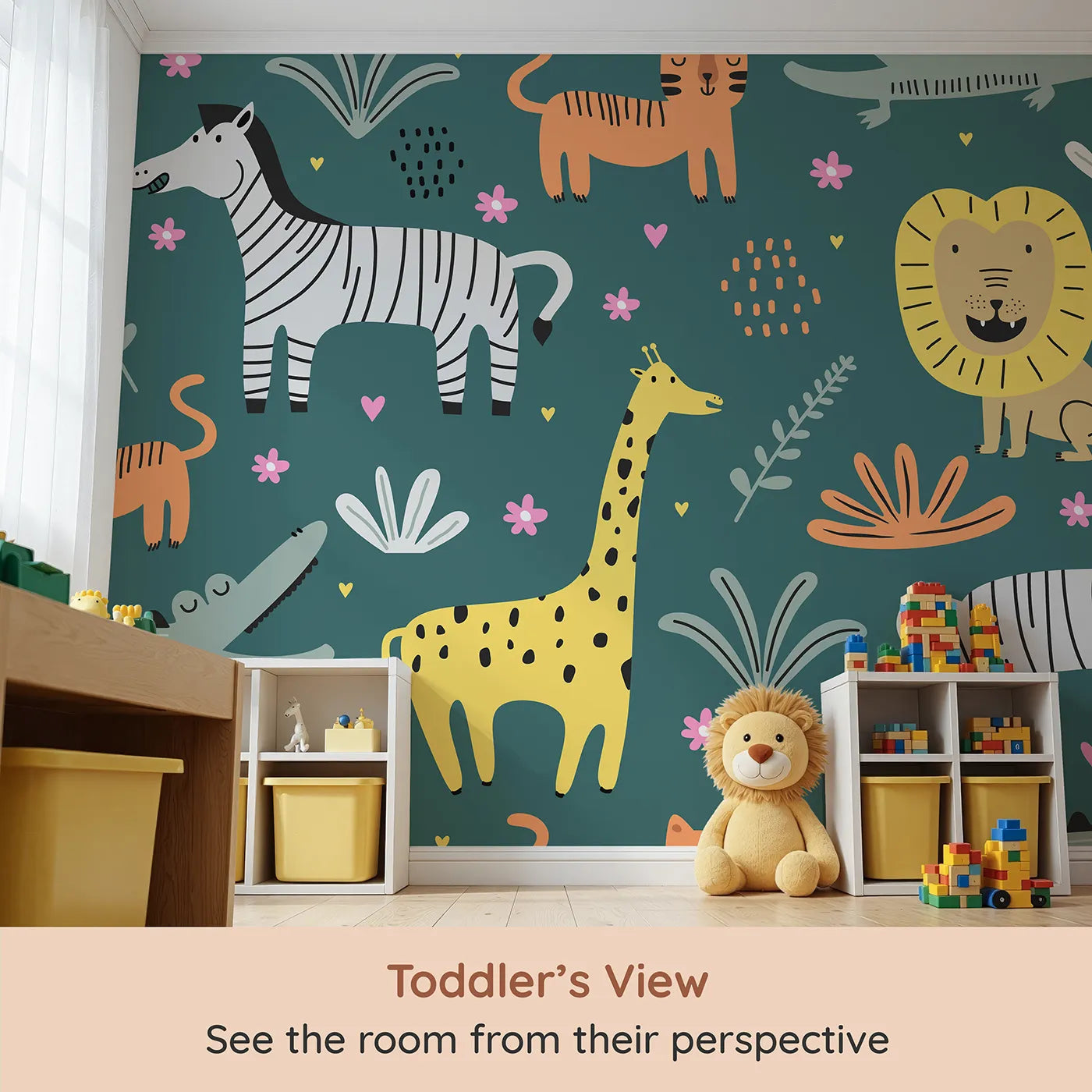 Whimsy Tots Scandinavian Safari Wall Mural (Turn Their Room into the Coolest, Cutest Safari) from your child's view.Gender-Neutral