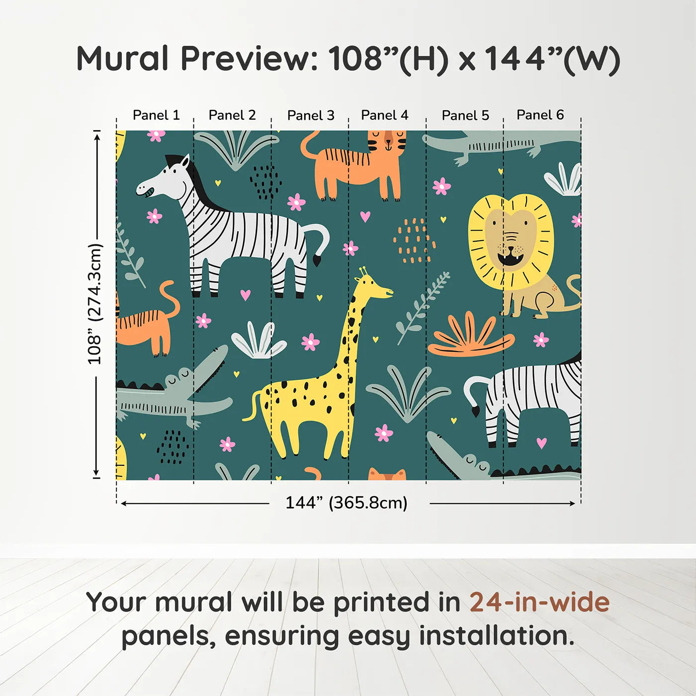 Whimsy Tots Scandinavian Safari Wall Muraldimension view (108" H x 144" W). Printed in six 24-inch-wide panels. Gender-Neutral