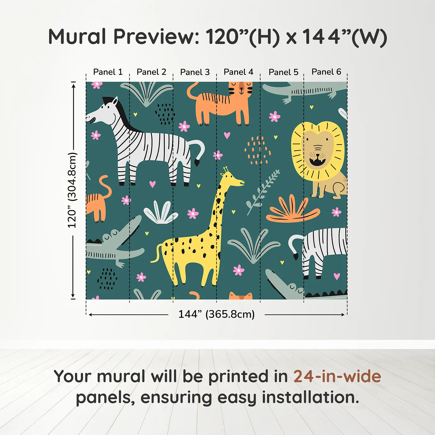 Whimsy Tots Scandinavian Safari Wall Muraldimension view (120" H x 144" W). Printed in six 24-inch-wide panels. Gender-Neutral