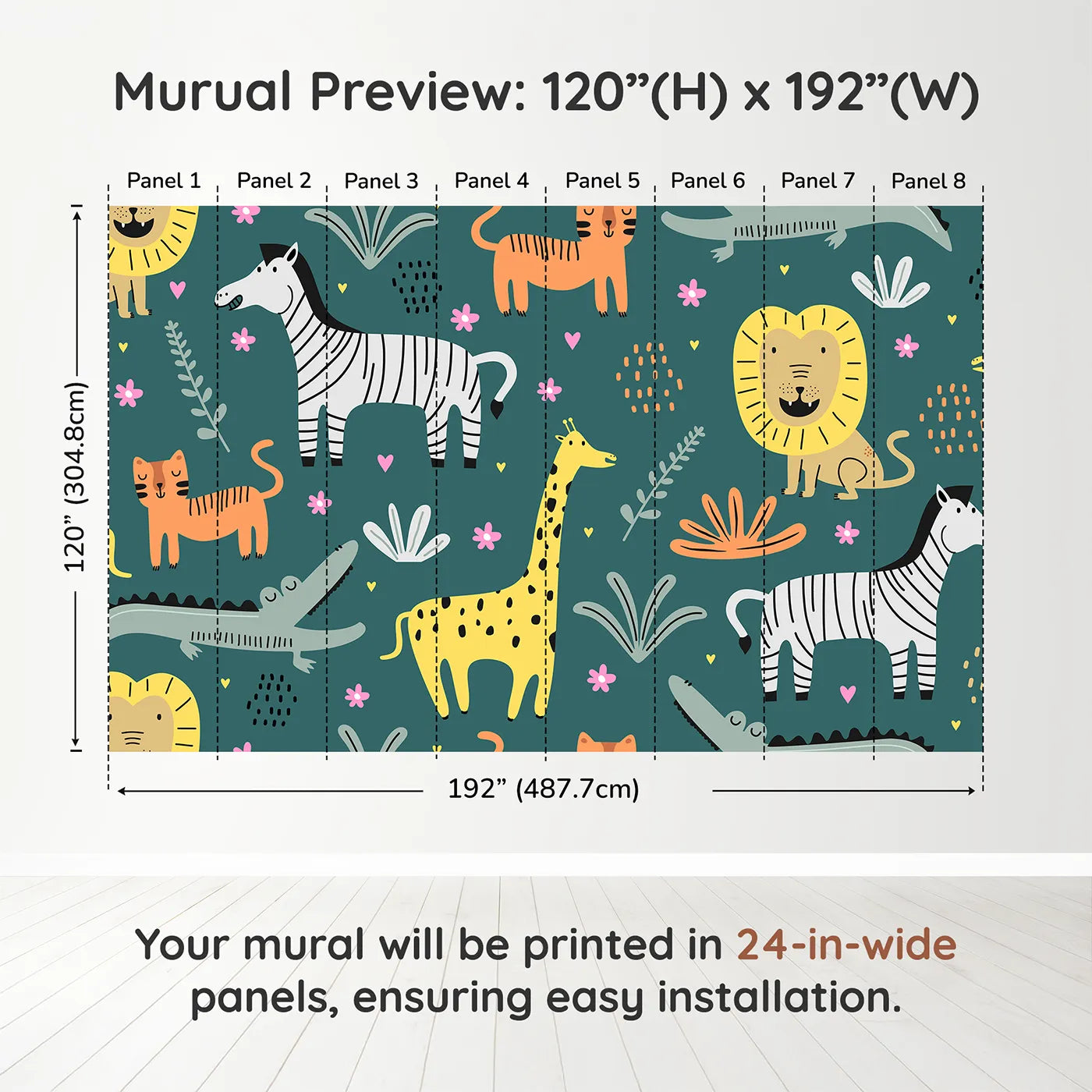 Whimsy Tots Scandinavian Safari Wall Muraldimension view (120" H x 192" W). Printed in eight 24-inch-wide panels. Gender-Neutral