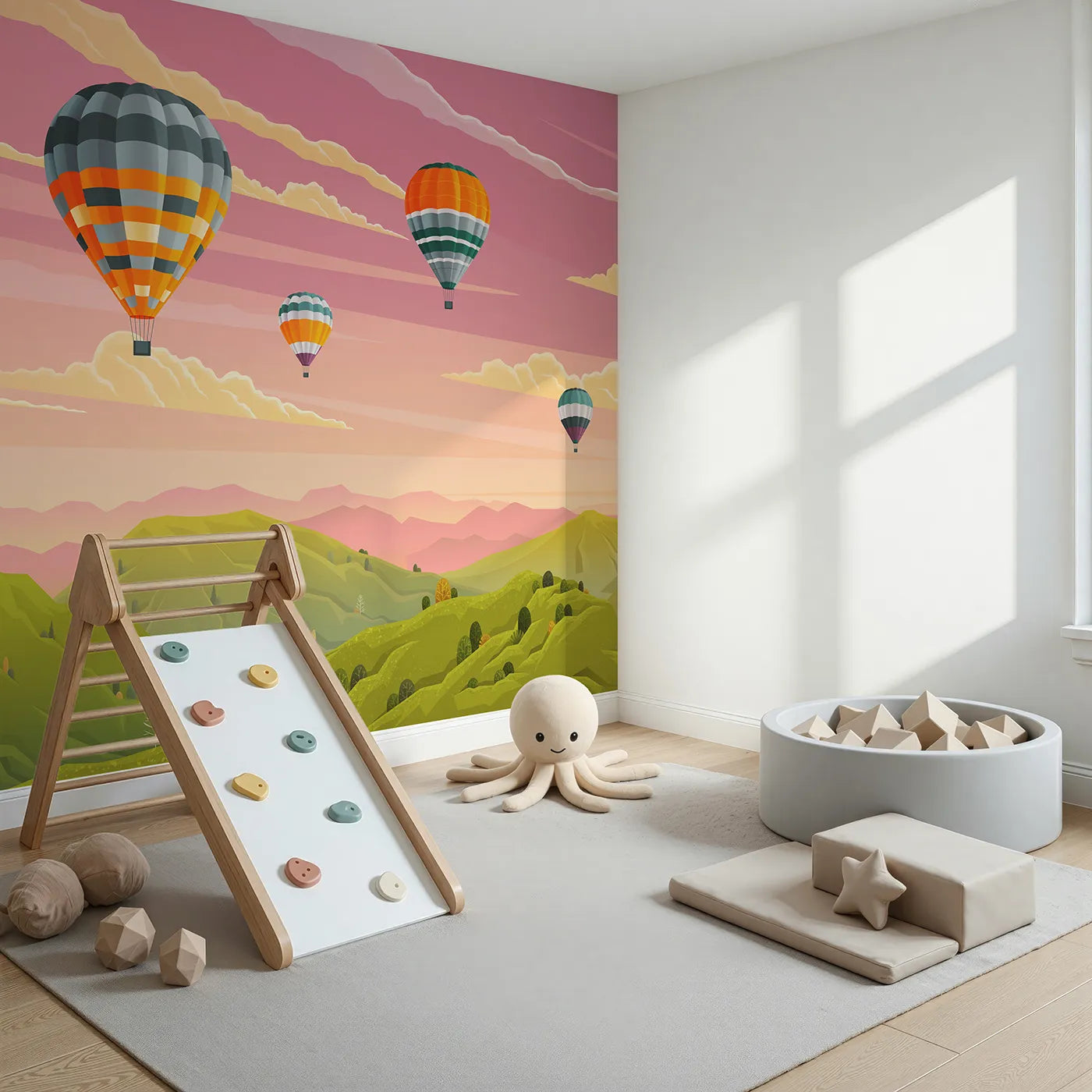Angled view of Whimsy Tots' Sunset Mountain Balloons Wall Mural (Turn Their Room into a Breathtaking Evening Flight).Gender-Neutral