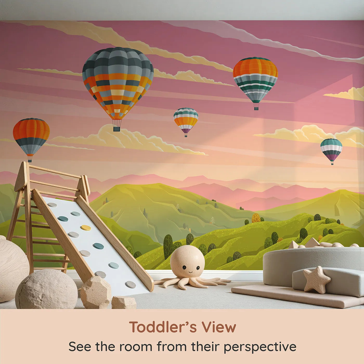 Whimsy Tots Sunset Mountain Balloons Wall Mural (Turn Their Room into a Breathtaking Evening Flight) from your child's view.Gender-Neutral
