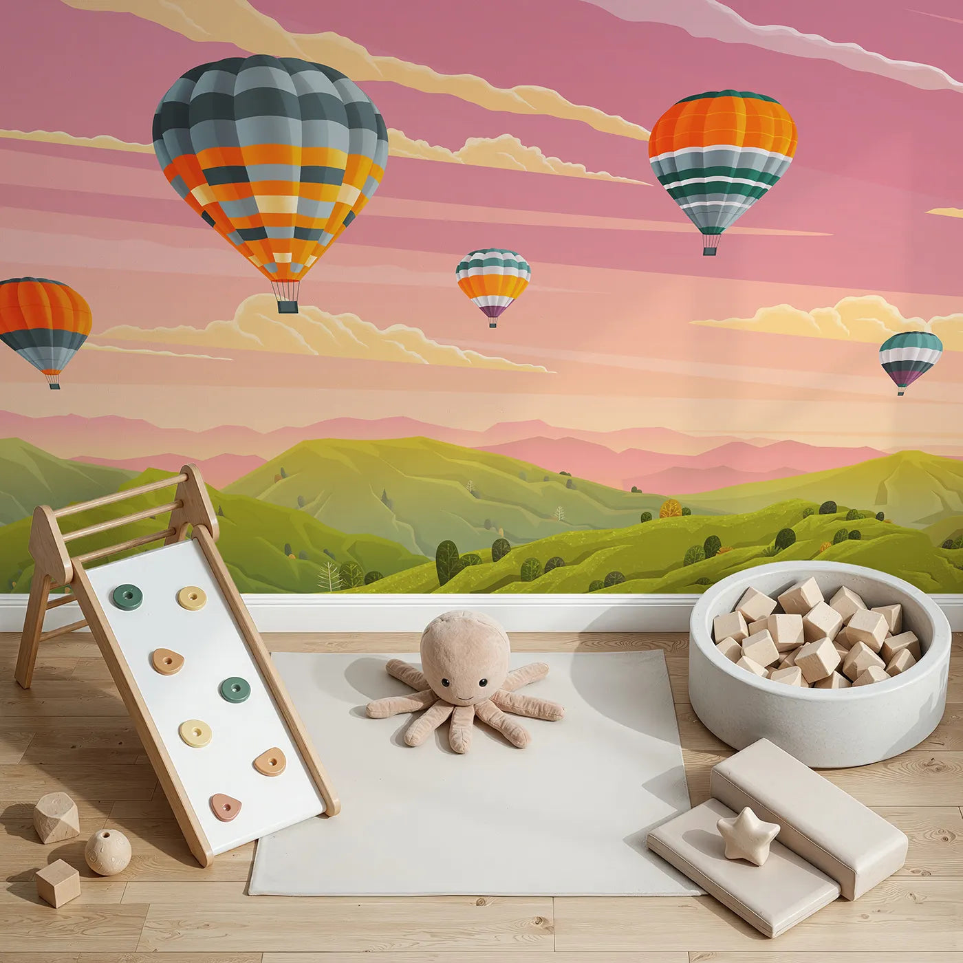Top-down view of Whimsy Tots' Sunset Mountain Balloons Wall Mural (Turn Their Room into a Breathtaking Evening Flight).Gender-Neutral