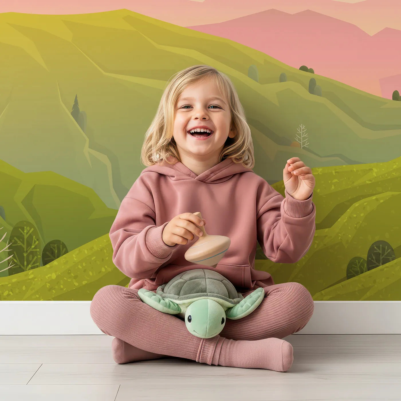 Child in front of Whimsy Tots Sunset Mountain Balloons Wall Mural with hot air balloon, sunset, mountain, hill, landscape, pink, orange, sky in design.