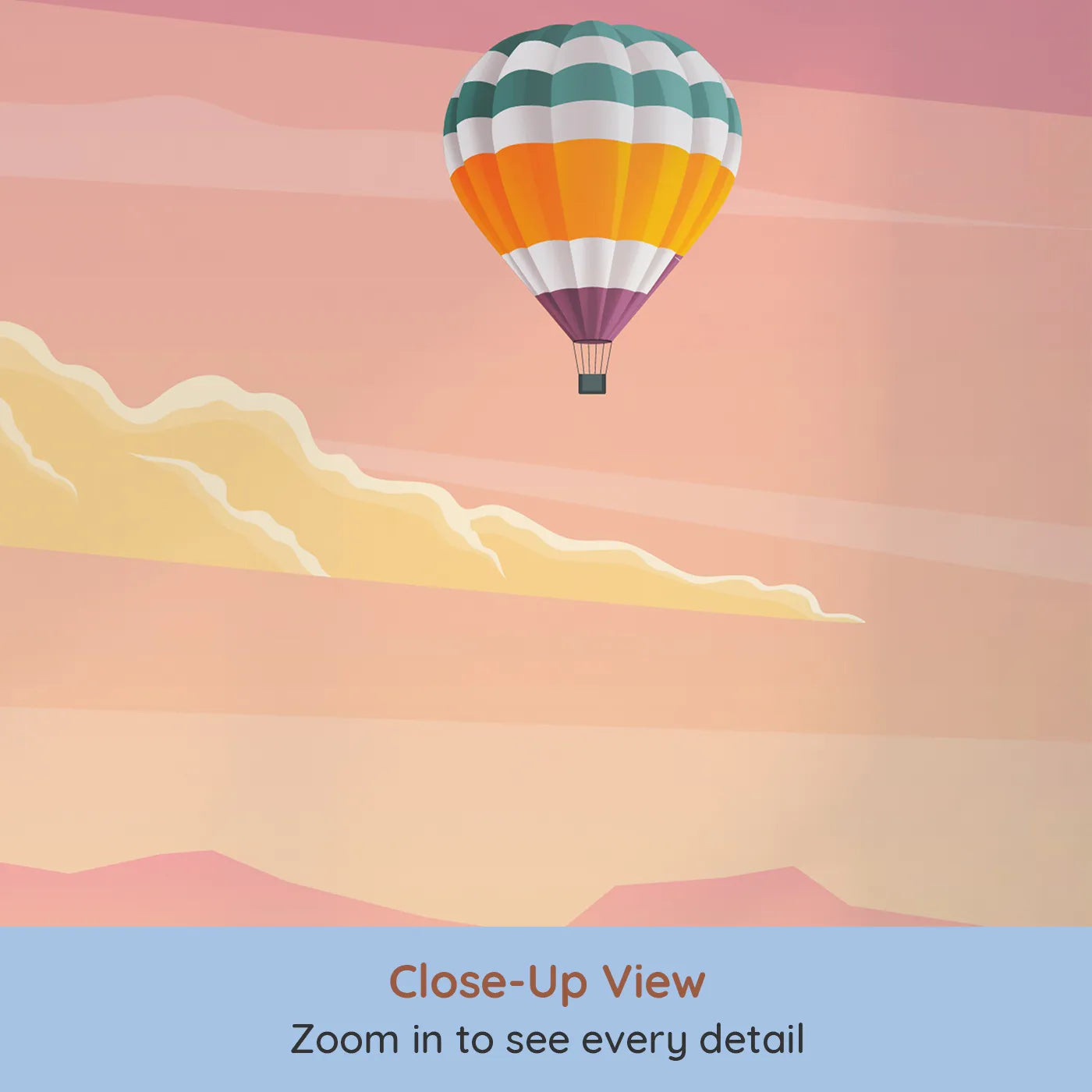 Close-up view of Whimsy Tots' Sunset Mountain Balloons Wall Mural (Turn Their Room into a Breathtaking Evening Flight).Gender-Neutral