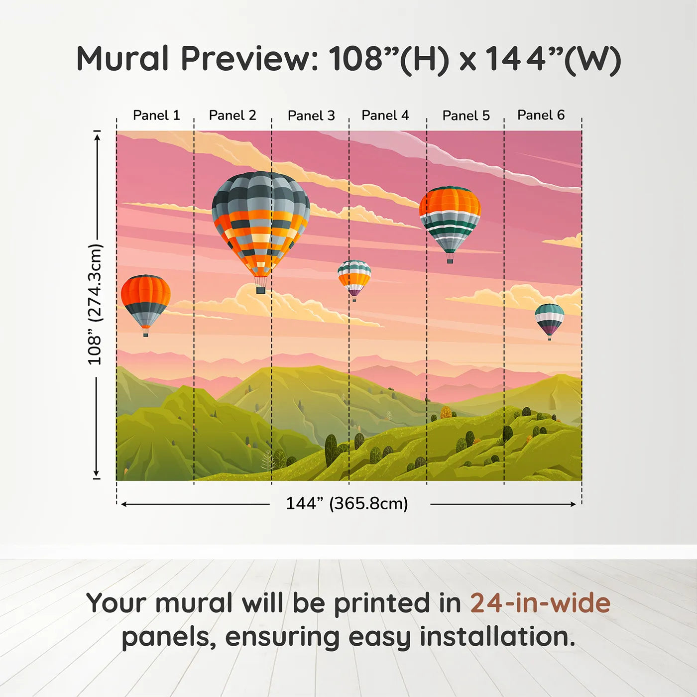 Whimsy Tots Sunset Mountain Balloons Wall Muraldimension view (108" H x 144" W). Printed in six 24-inch-wide panels. Gender-Neutral