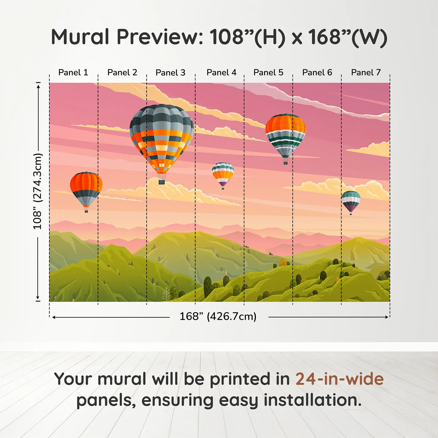 Whimsy Tots Sunset Mountain Balloons Wall Muraldimension view (108" H x 168" W). Printed in seven 24-inch-wide panels. Gender-Neutral