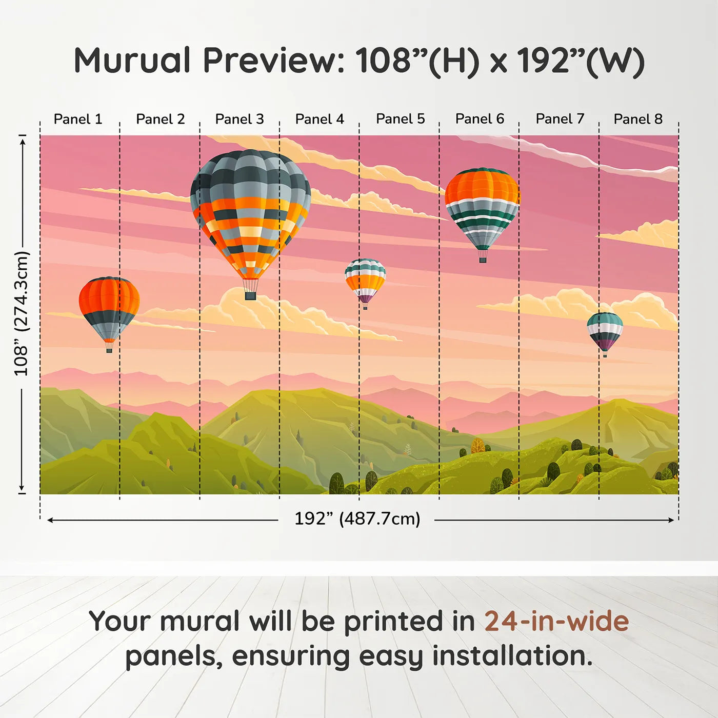 Whimsy Tots Sunset Mountain Balloons Wall Muraldimension view (108" H x 192" W). Printed in eight 24-inch-wide panels. Gender-Neutral