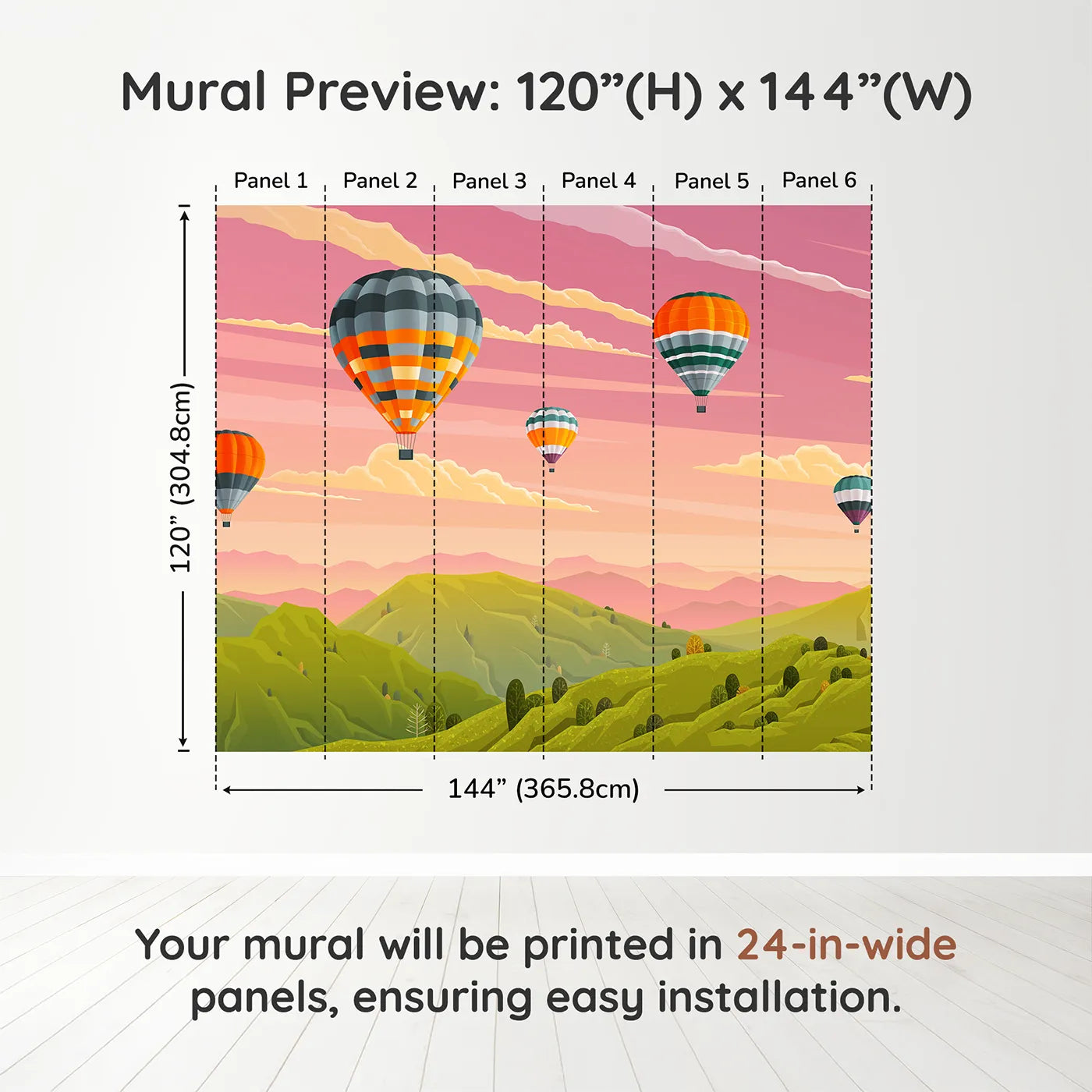 Whimsy Tots Sunset Mountain Balloons Wall Muraldimension view (120" H x 144" W). Printed in six 24-inch-wide panels. Gender-Neutral