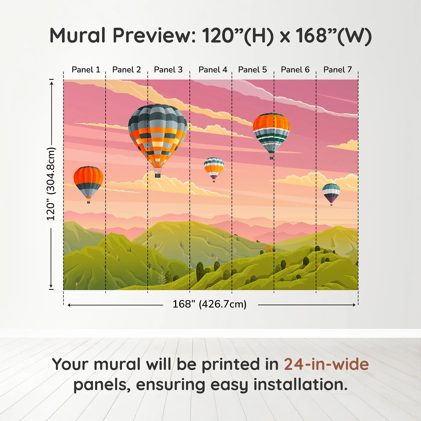 Whimsy Tots Sunset Mountain Balloons Wall Muraldimension view (120" H x 168" W). Printed in seven 24-inch-wide panels. Gender-Neutral