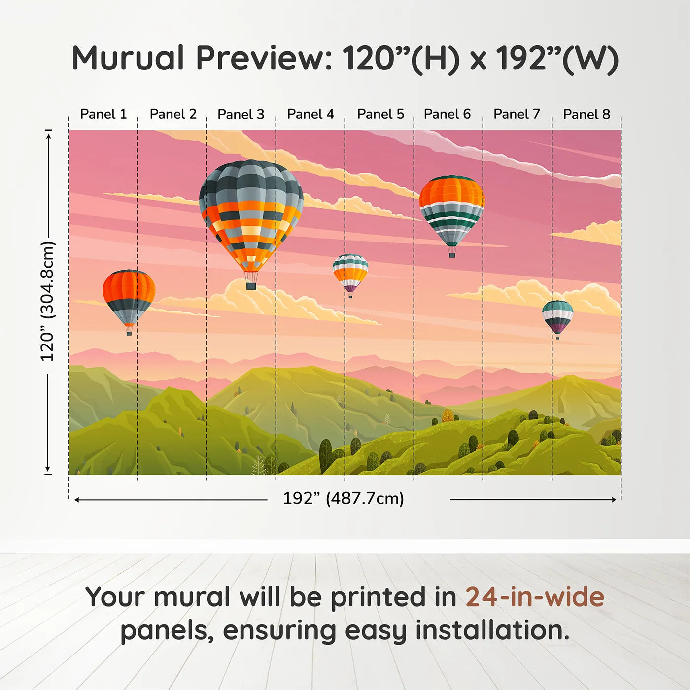 Whimsy Tots Sunset Mountain Balloons Wall Muraldimension view (120" H x 192" W). Printed in eight 24-inch-wide panels. Gender-Neutral