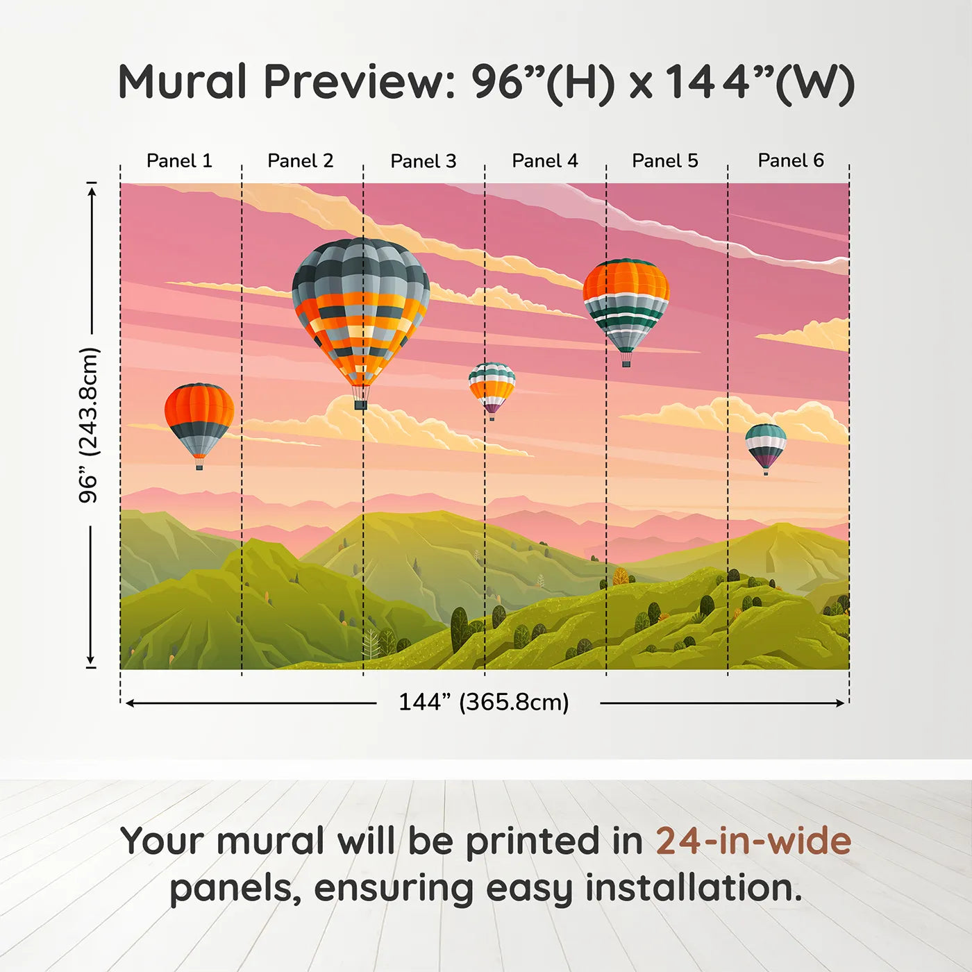Whimsy Tots Sunset Mountain Balloons Wall Muraldimension view (96" H x 144" W). Printed in six 24-inch-wide panels. Gender-Neutral