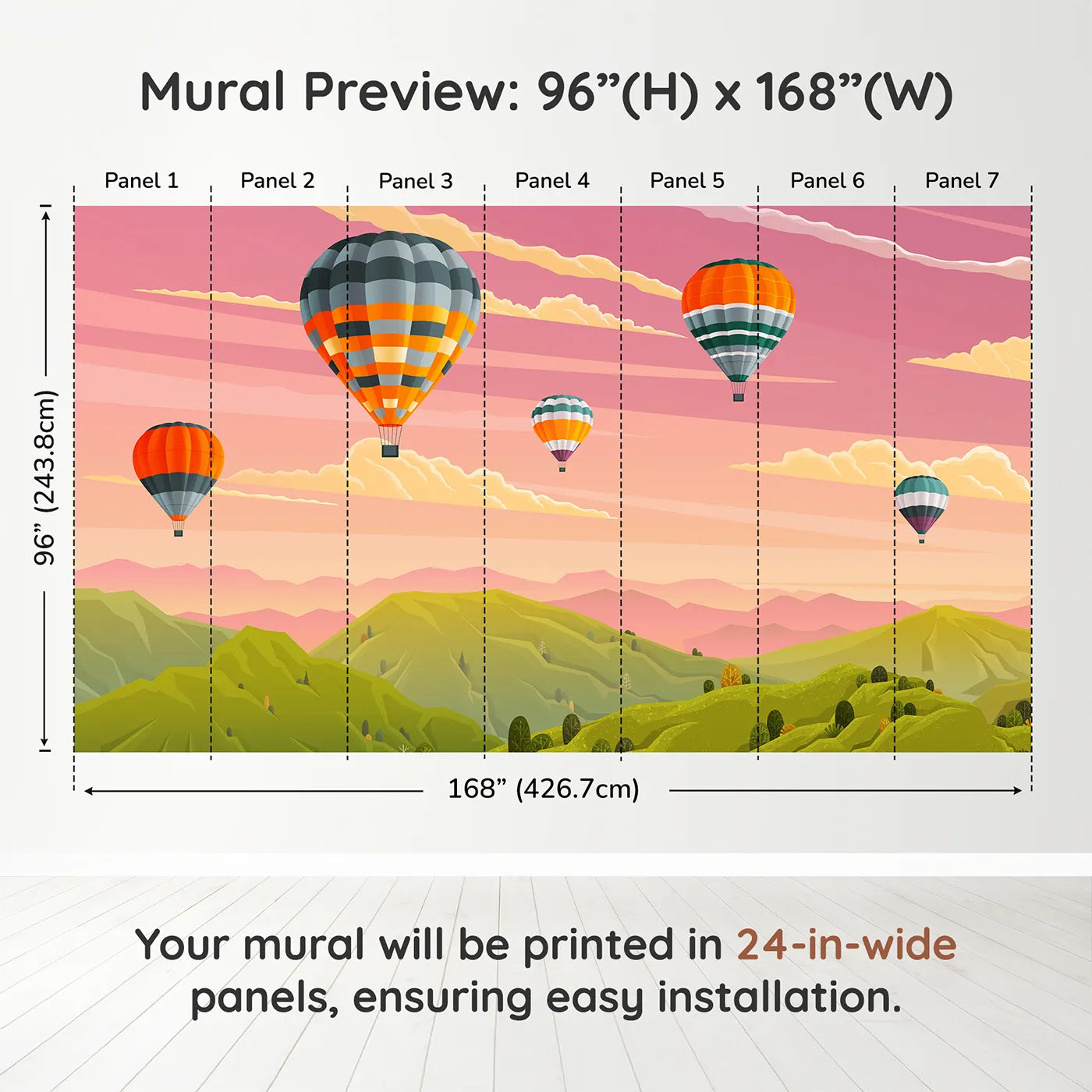 Whimsy Tots Sunset Mountain Balloons Wall Muraldimension view (96" H x 168" W). Printed in seven 24-inch-wide panels. Gender-Neutral