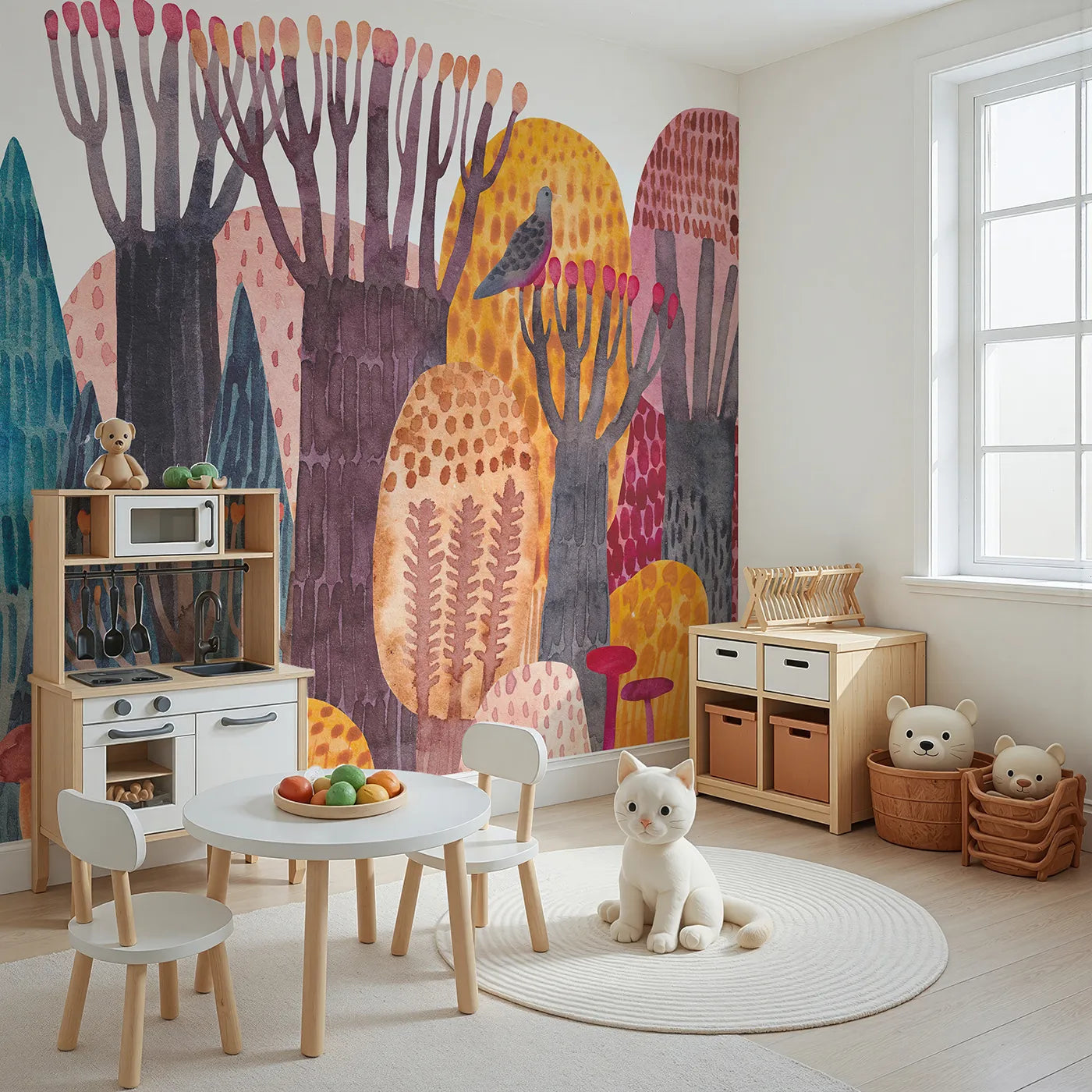 Angled view of Whimsy Tots' Abstract Autumn Woods Wall Mural (Turn Their Room into an Artistic Forest of Warm Colors).Gender-Neutral