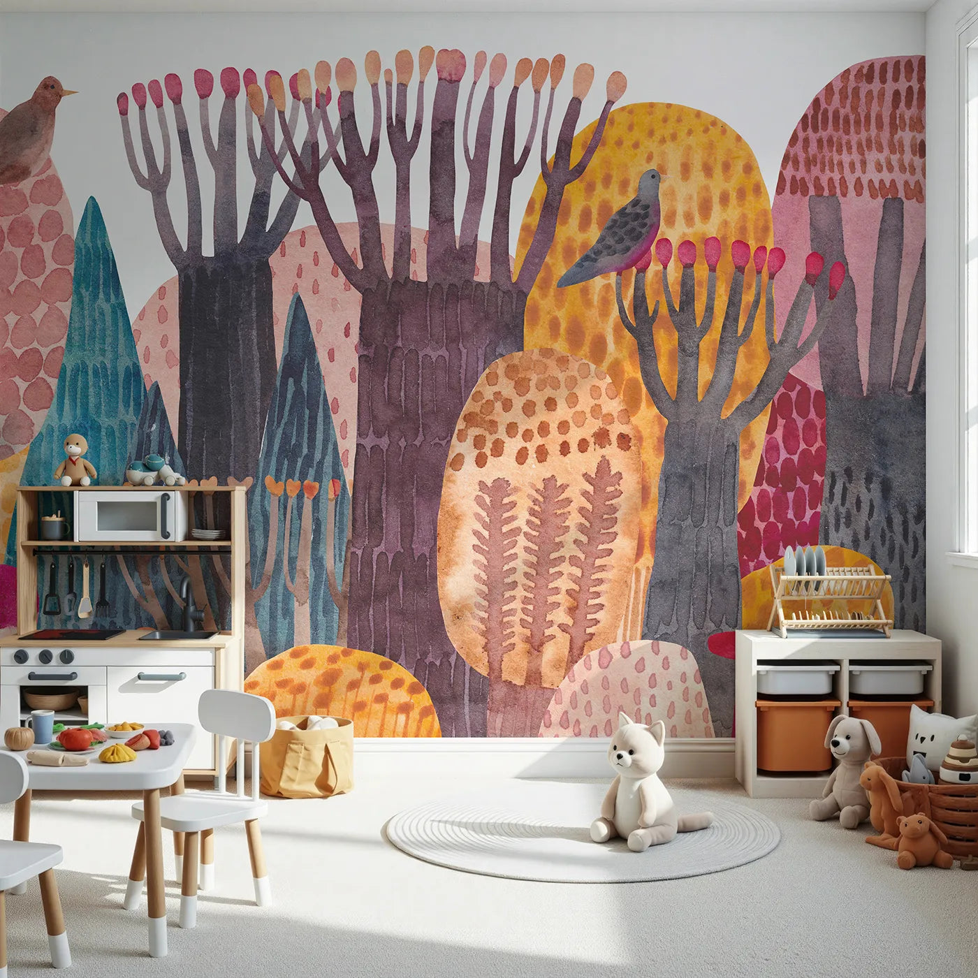 Front view of Whimsy Tots' Abstract Autumn Woods Wall Mural