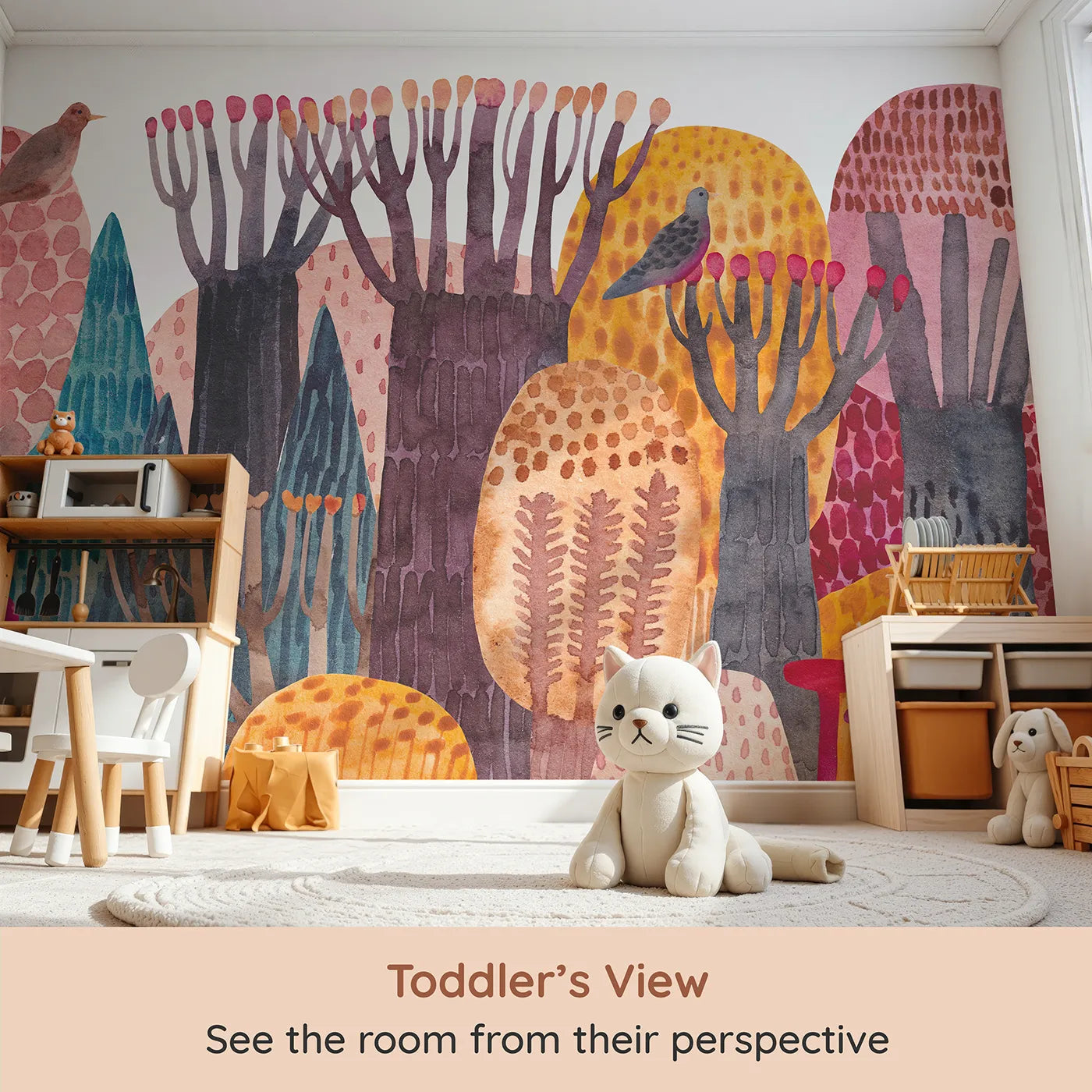 Whimsy Tots Abstract Autumn Woods Wall Mural (Turn Their Room into an Artistic Forest of Warm Colors) from your child's view.Gender-Neutral