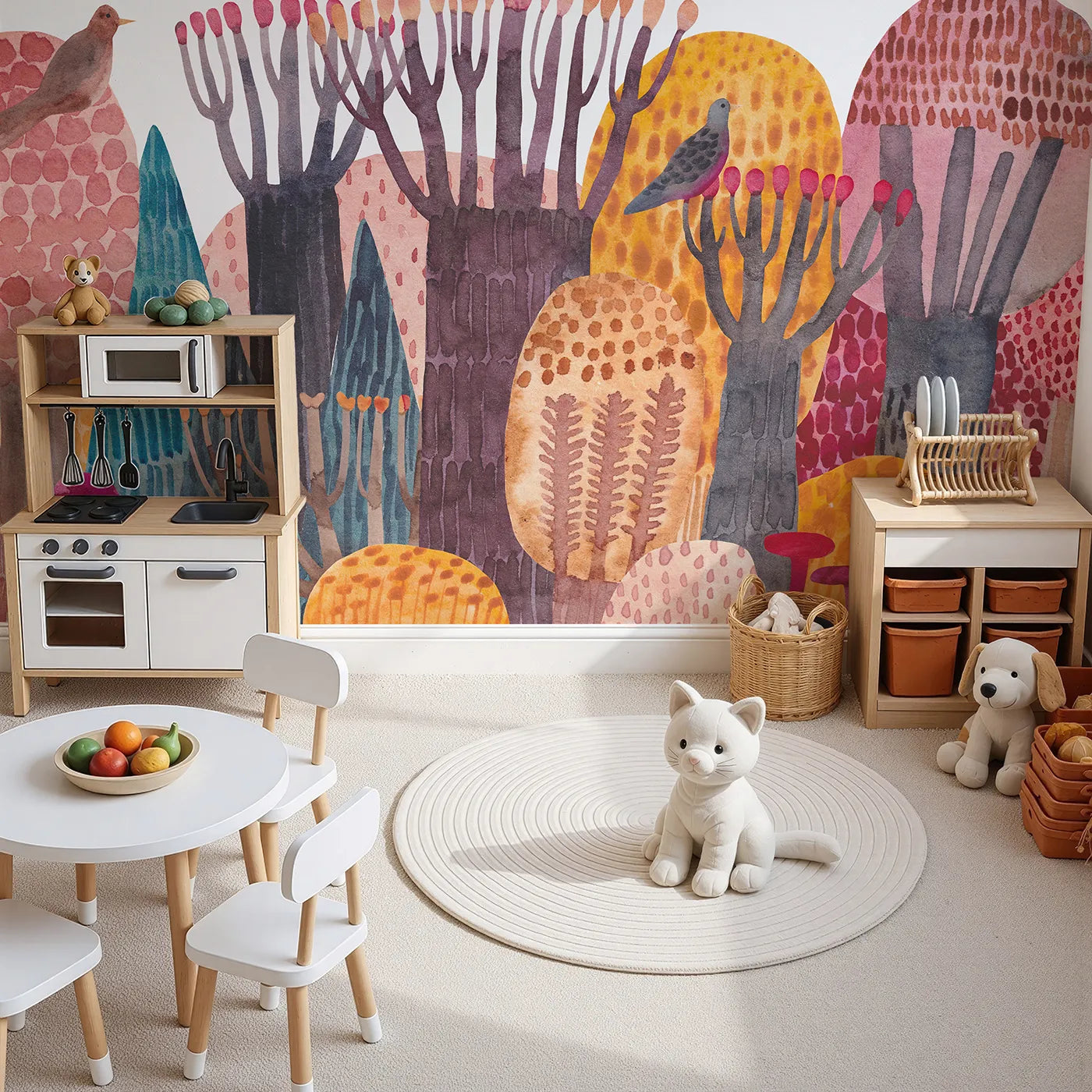 Top-down view of Whimsy Tots' Abstract Autumn Woods Wall Mural (Turn Their Room into an Artistic Forest of Warm Colors).Gender-Neutral