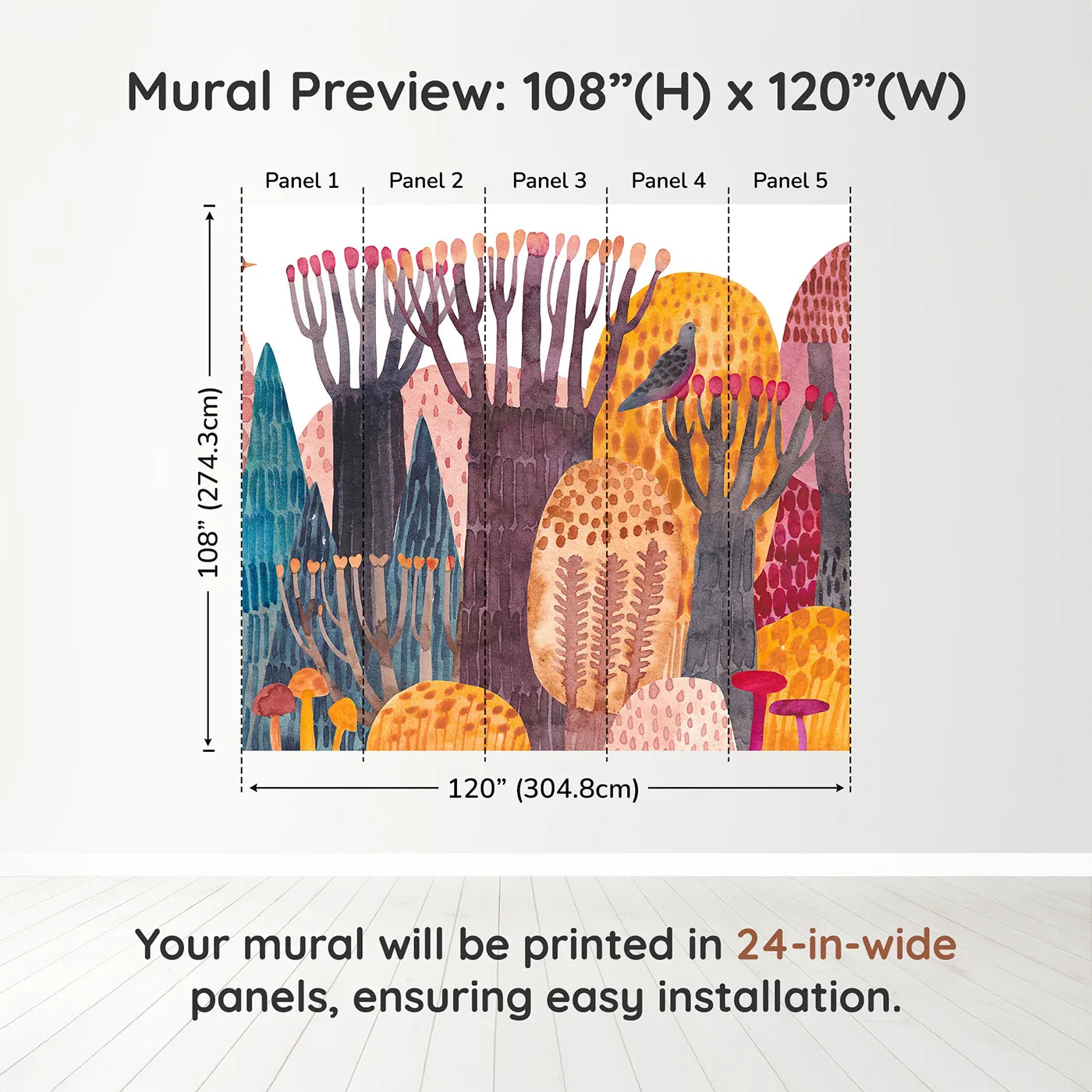 Whimsy Tots Abstract Autumn Woods Wall Muraldimension view (108" H x 120" W). Printed in five 24-inch-wide panels. Gender-Neutral