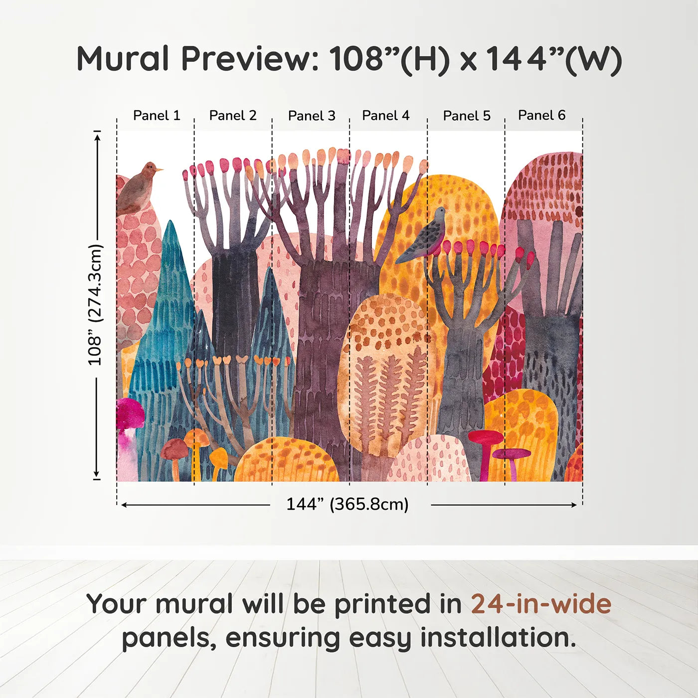 Whimsy Tots Abstract Autumn Woods Wall Muraldimension view (108" H x 144" W). Printed in six 24-inch-wide panels. Gender-Neutral