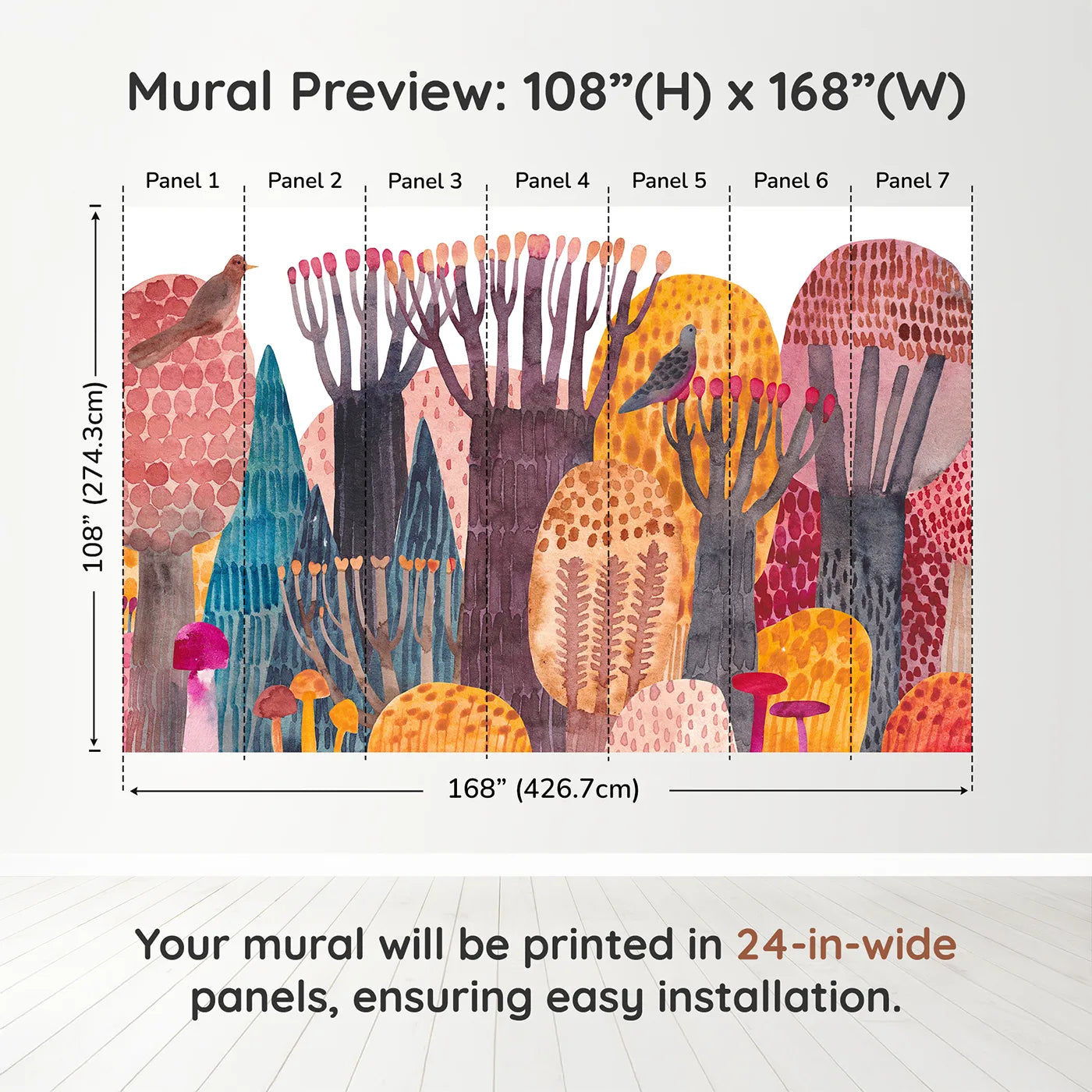 Whimsy Tots Abstract Autumn Woods Wall Muraldimension view (108" H x 168" W). Printed in seven 24-inch-wide panels. Gender-Neutral
