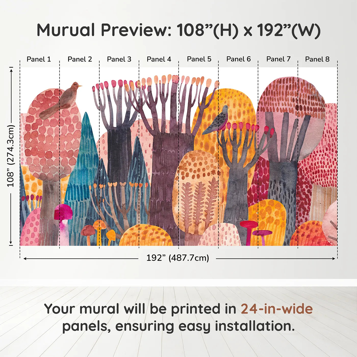 Whimsy Tots Abstract Autumn Woods Wall Muraldimension view (108" H x 192" W). Printed in eight 24-inch-wide panels. Gender-Neutral