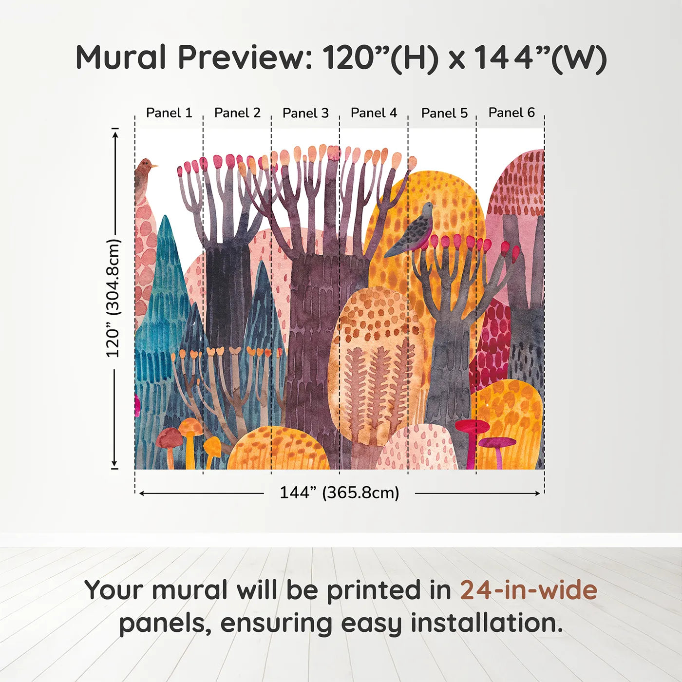 Whimsy Tots Abstract Autumn Woods Wall Muraldimension view (120" H x 144" W). Printed in six 24-inch-wide panels. Gender-Neutral
