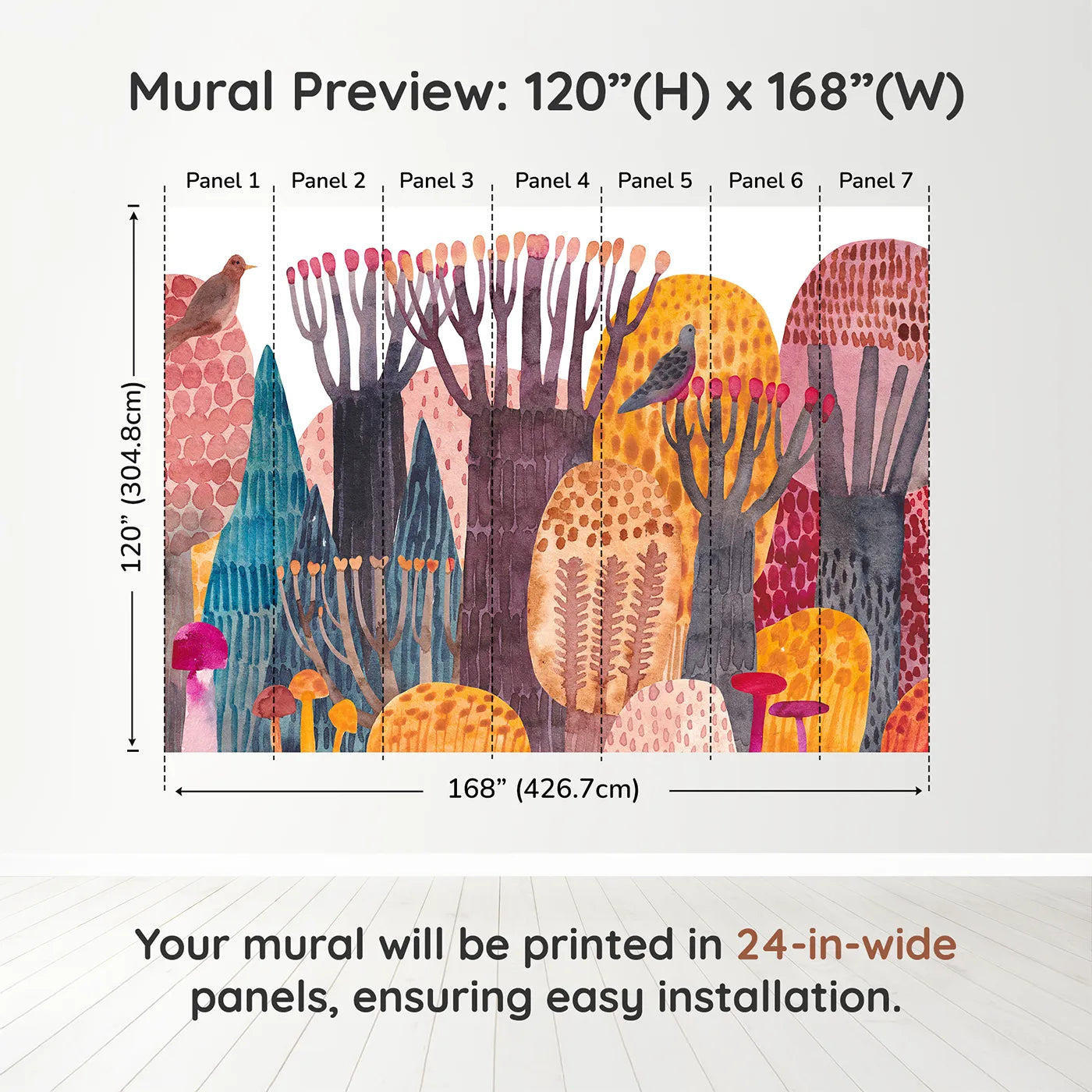 Whimsy Tots Abstract Autumn Woods Wall Muraldimension view (120" H x 168" W). Printed in seven 24-inch-wide panels. Gender-Neutral